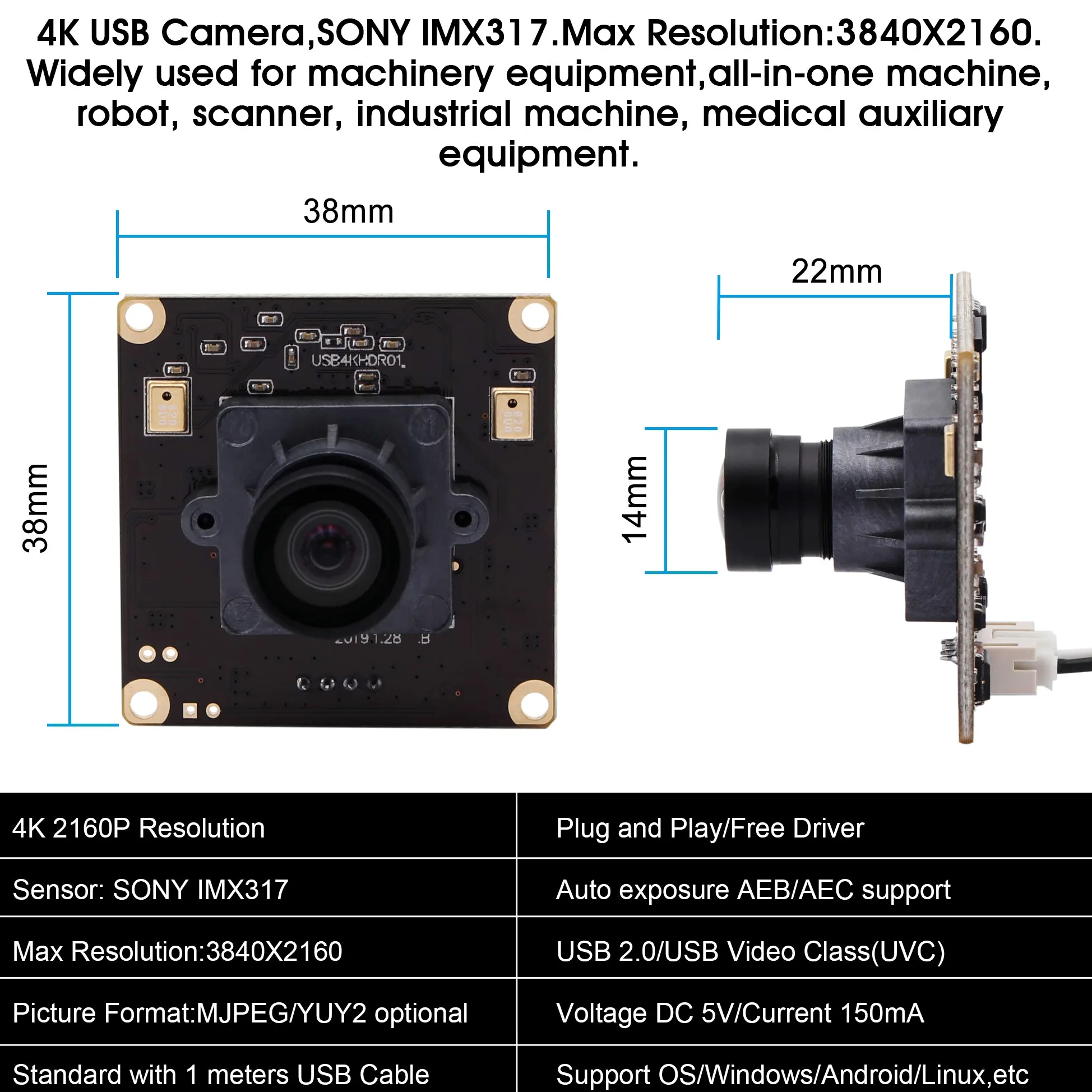 G Modulo fotocamera USB 4K, modulo webcam 2160p, modulo grandangolare UHD 30 fps, 100 gradi, senza distorsioni USB con fotocamera, video desktop, computer, scheda di memoria per Windows, Android, Mac,