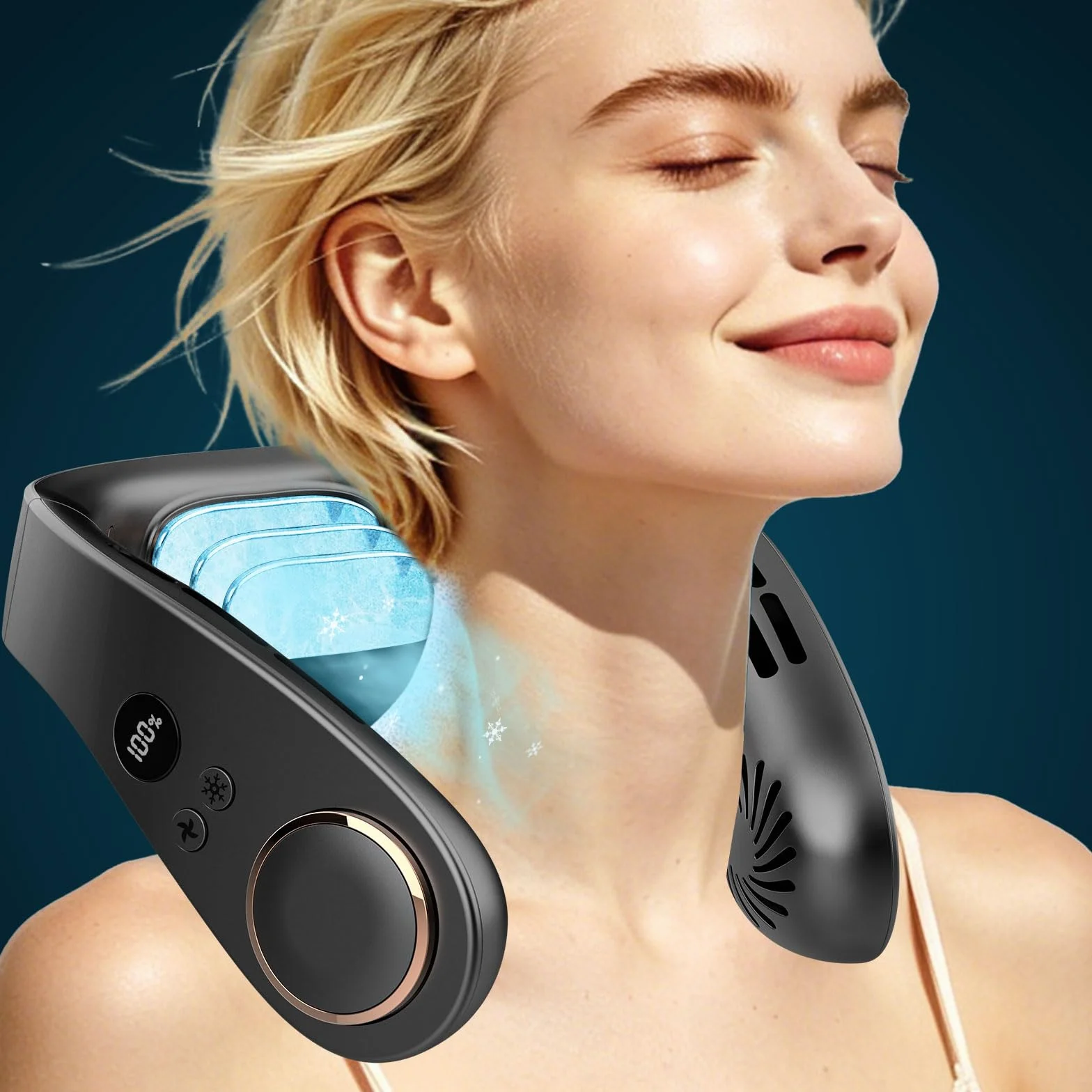 Ventilatore da Collo con Raffreddamento, Ventilatore Collo USB Portatile e Silenzioso, Neck Fan 5 Velocità Batteria 5500mAh Potente, Display LED, Autonomia 15 Ore, per Outdoor, Sport, Ufficio e Viaggi