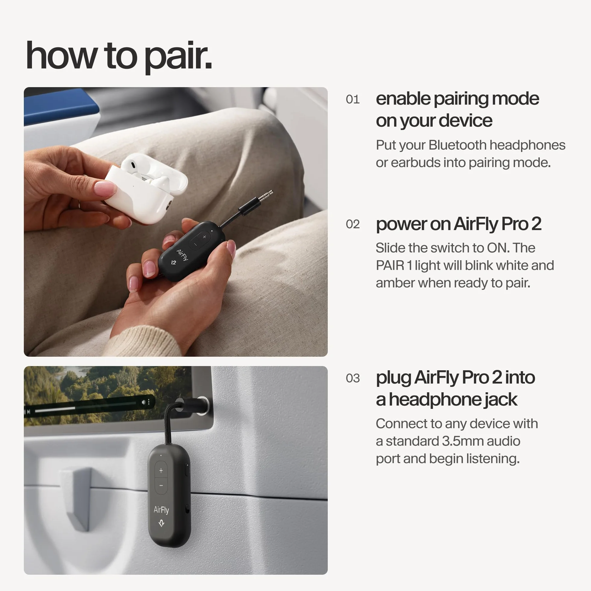 AirFly Pro 2 - Adattatore Bluetooth per aereo, coppia 2 AirPods o cuffie wireless - Trasmettitore e ricevitore Bluetooth AUX da 3,5 mm per auto, barche, tapis roulant, TV, accessori essenziali da