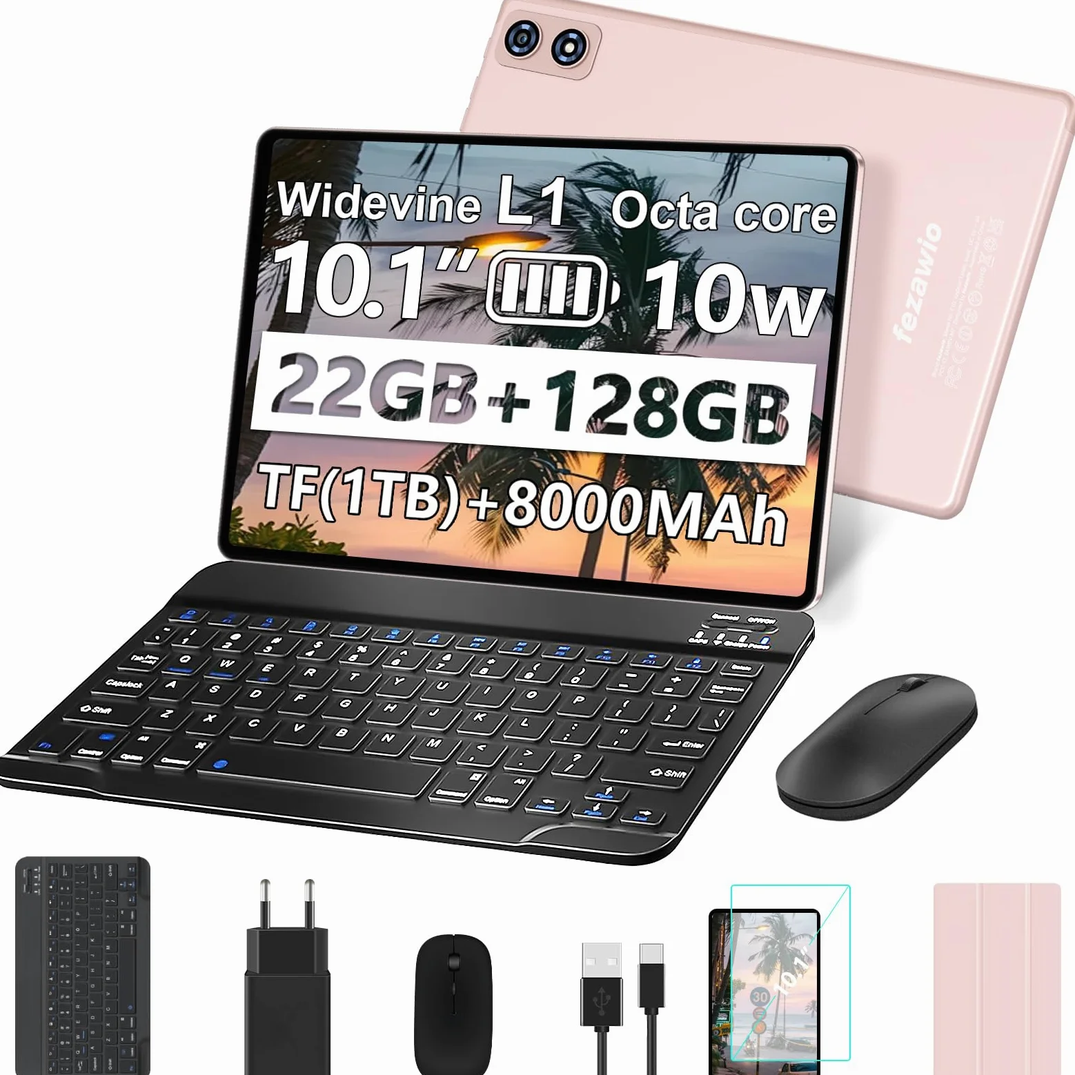 Tablet Android 10 pollici, 22 GB RAM + 128 GB ROM, Widevine L1, oro rosa | con tastiera mouse, 8000 mAh, Octa-Core, 5G WiFi, 1 TB di memoria estesa, 5MP+8MP