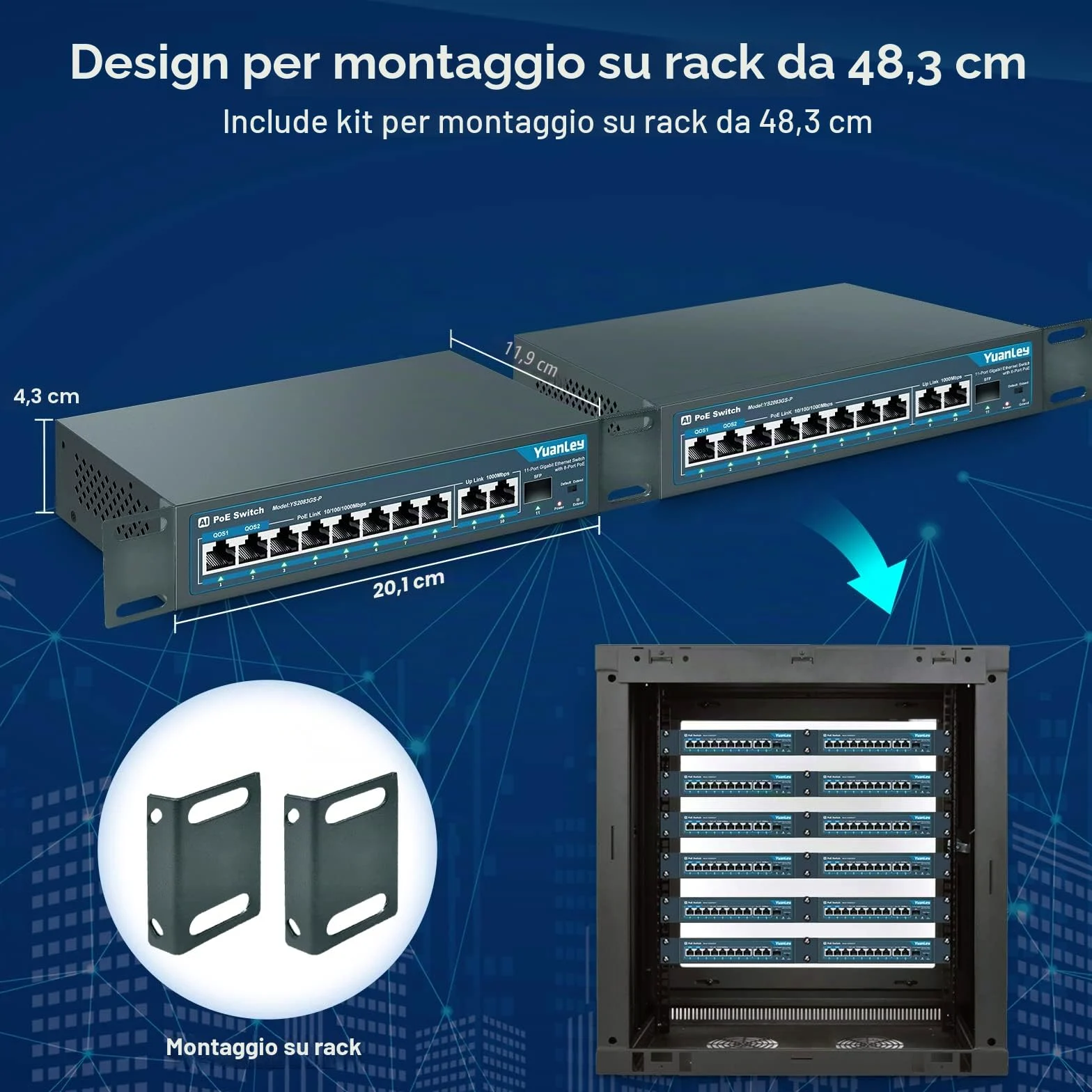 YuanLey 11 Porte Switch Gigabit Poe, 8 Porte Poe+ 1000 Mbps, 2 Gigabit Uplink, 1 Porta SFP, 120W 802.3af/at, Metal, Qos, Switch Ethernet Non gestito Plug And Play AI Smart Detection