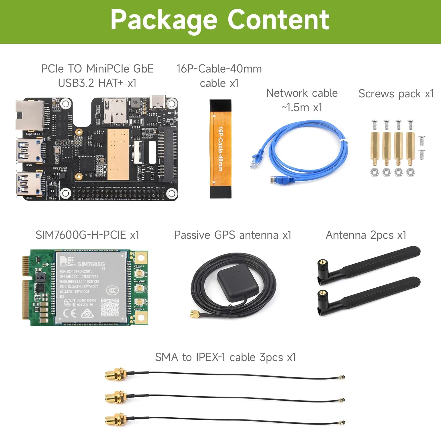 Waveshare PCIe to MiniPCIe/Gigabit Ethernet/USB 3.2 Gen1 HAT+ Compatible with Raspberry Pi 5, Supports Multiple OS and MiniPCIe interface 4G Module (with SIM7600G-H-PCIE),High-speed Networking