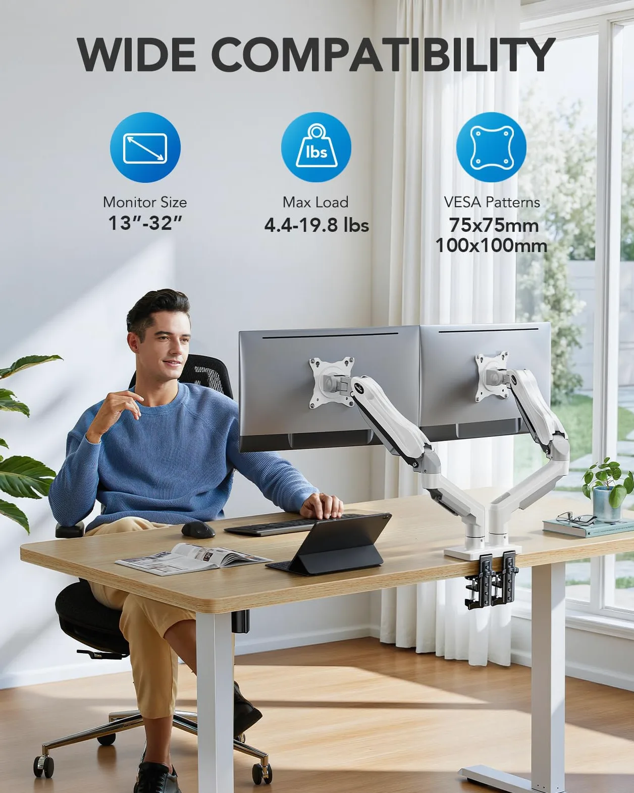 HUANUO Braccio doppio monitor da scrivania per schermi da 13 a 30 pollici, supporto doppio per monitor per schermi piatti curvi, supporto per doppio monitor bianco VESA 75/100 mm