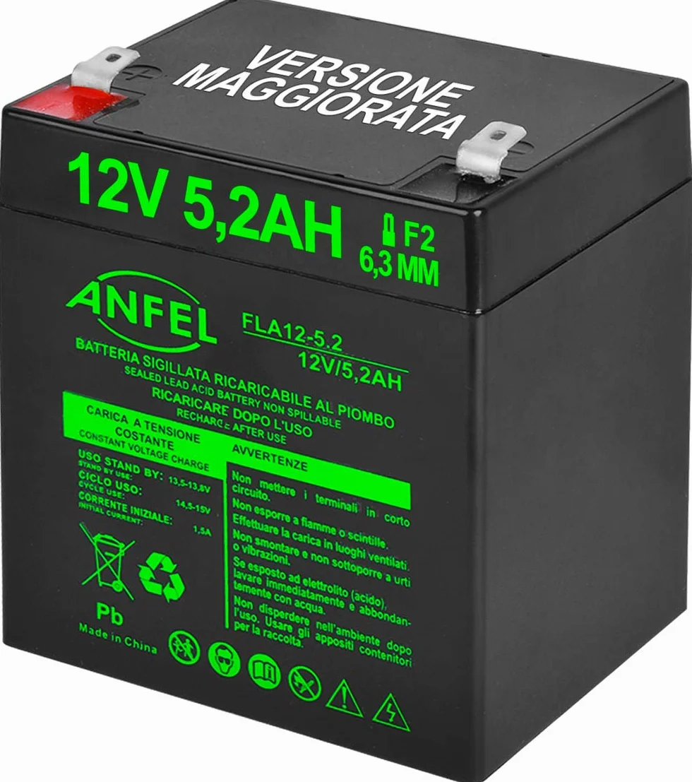 Batteria Ermetica al Piombo 12 V 5,2 AH per UPS Sistemi di Videosorveglianza Allarme Faston 6.3 mm
