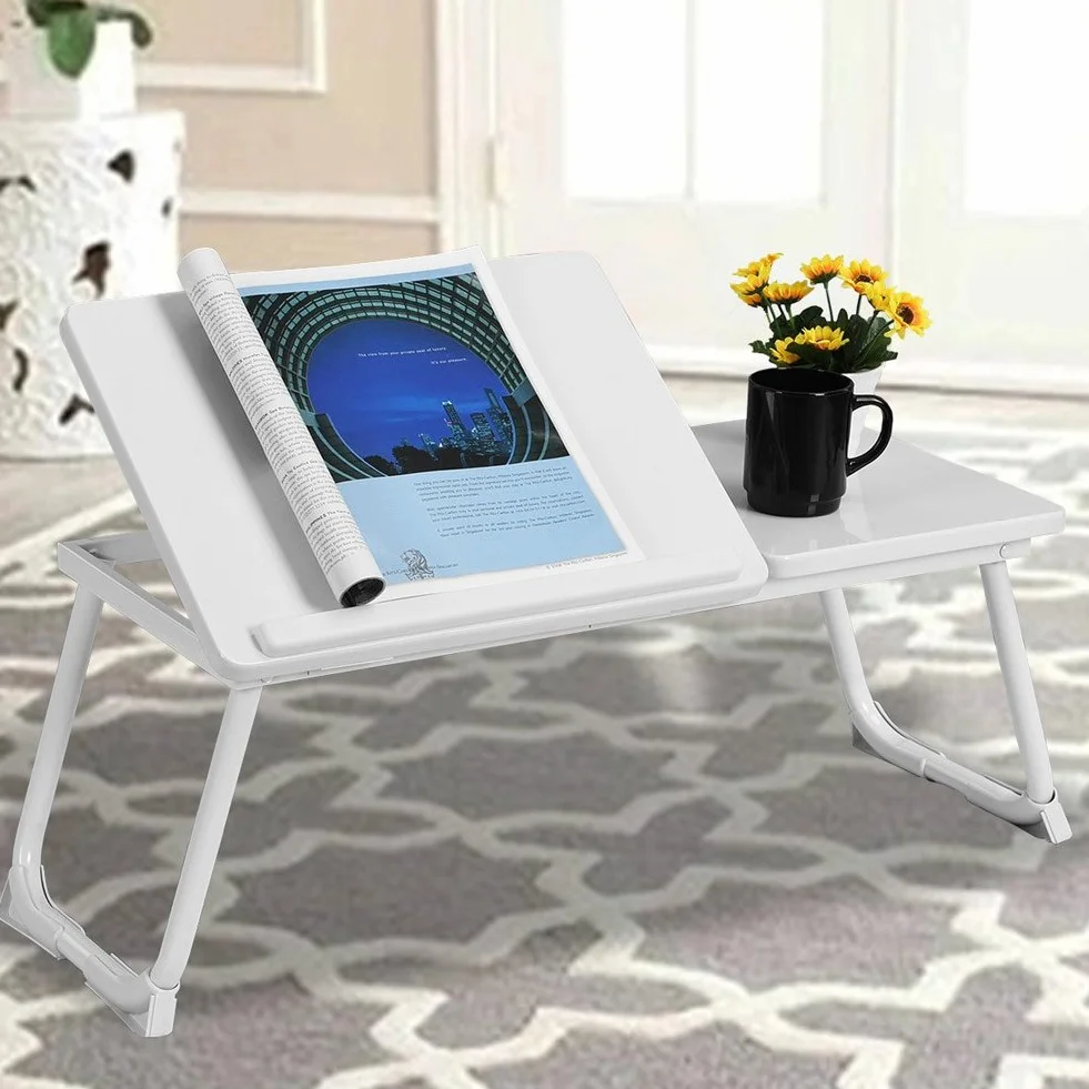 BAKAJI Tavolino Vassoio da Letto Divano per Notebook PC Laptop Pieghevole Leggio 65x30cm, Tavolino Colazione da Letto (Bianco White)
