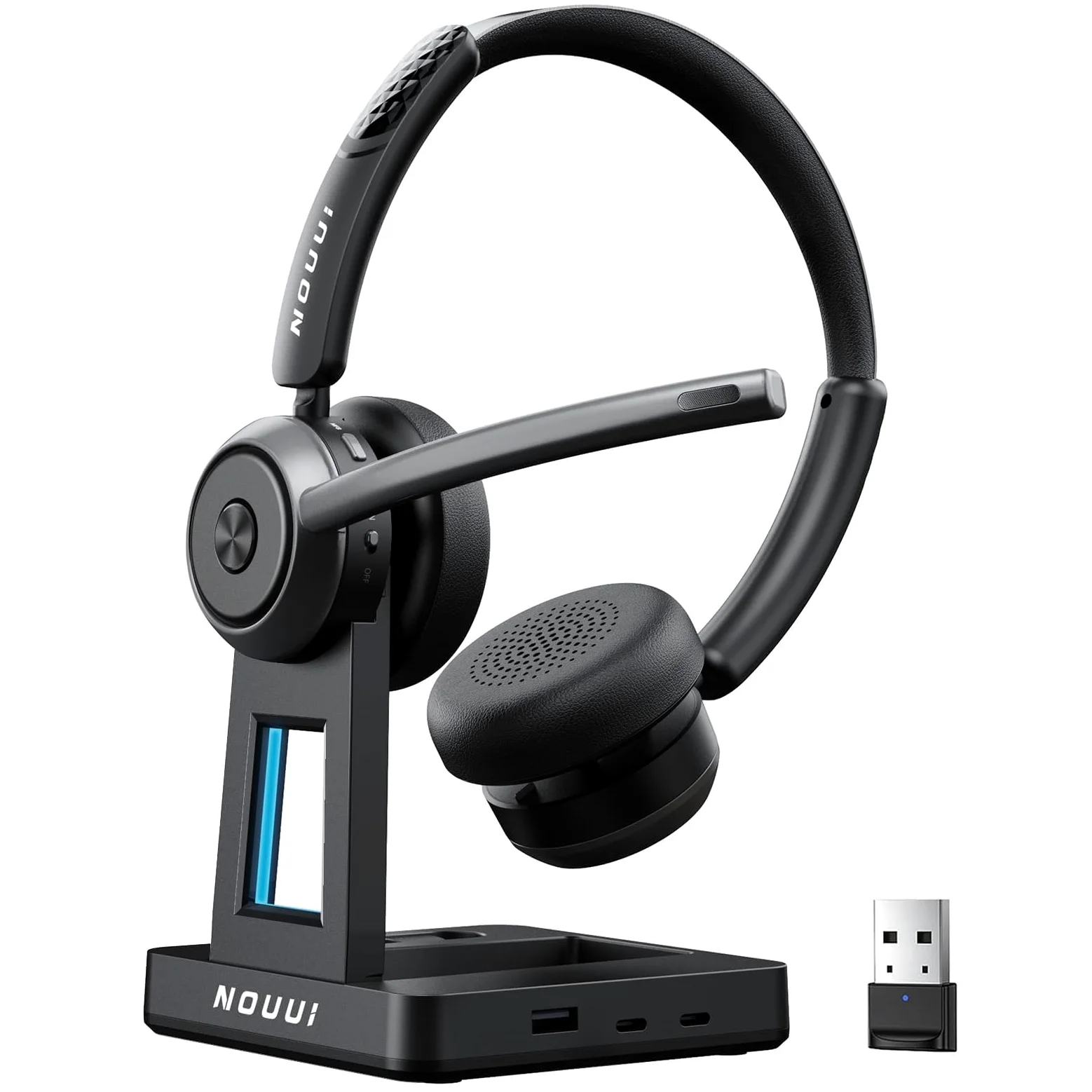 Cuffie wireless con microfono per lavoro, cuffie wireless con microfono (cancellazione del rumore e pulsante muto), batteria 65H con base di ricarica, cuffie Bluetooth con microfono per PC/Call Center