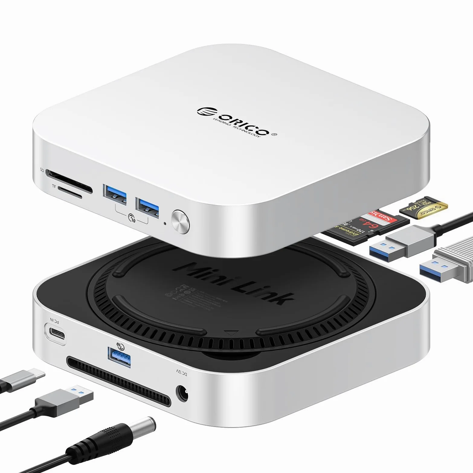 ORICO 40Gbps MiniLink M47P Hub Compatibile con Mac Mini M4, USB C Dock in Alluminio con Doppio Alloggiamento SSD per M.2 NVMe, fino a 3000MB/s, 3 USB 3.2, SD/TF 4.0