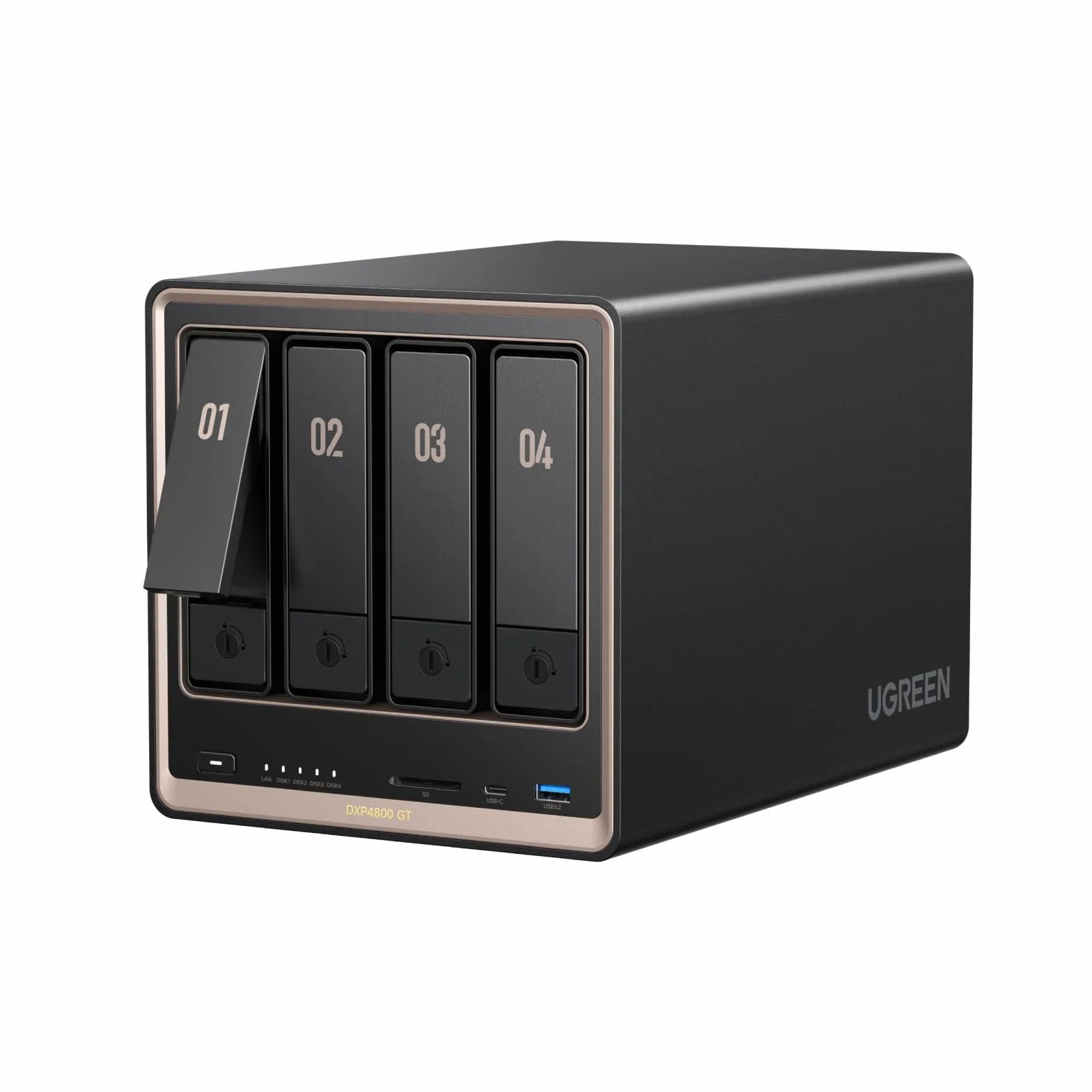 UGREEN NASync DXP4800 GT NAS 4 vani per creator e uffici (senza HDD) | AMD Ryzen R2514, doppia 10GbE, 8GB DDR4 fino a 64GB, HDMI 4K, 2×M.2 NVMe, ECC, slot U.2 e M.2