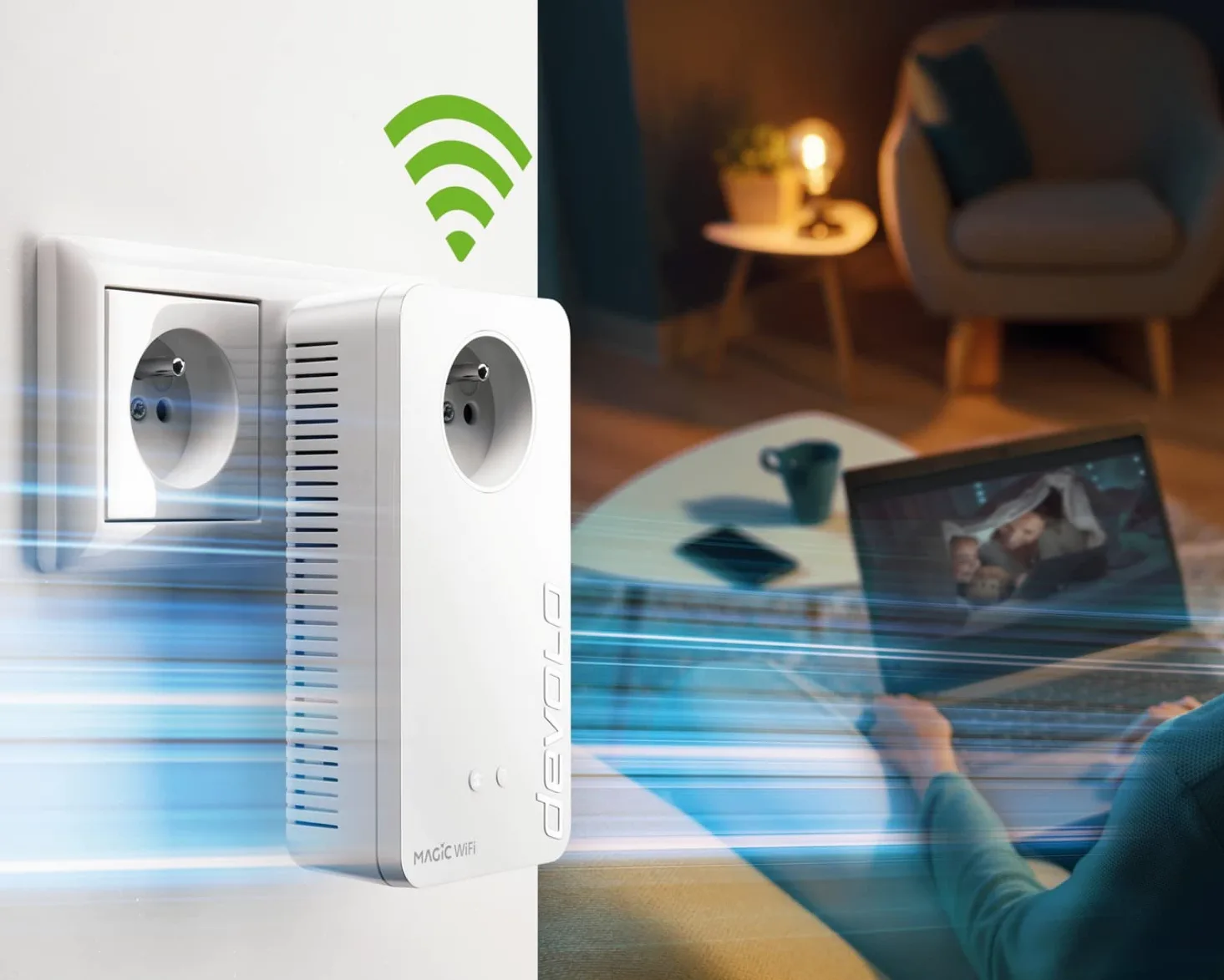 devolo Kit Multiroom Magic 2 WiFi 6 (ax): 3 adattatori WiFi PLC, presa Gigogne (2400 Mbit, mesh, 5 porte Gigabit Ethernet) ideale per telelavoro e streaming, presa francese