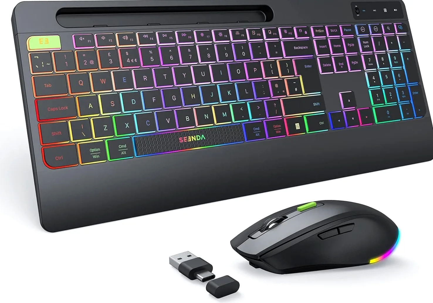 seenda Tastiera wireless 2.4G e mouse Combo con retroilluminazione arcobaleno, tastiera ricaricabile e mouse set UK layout full size con 2 in 1 USB C e USB A Dongle e Wirst Rest, nero