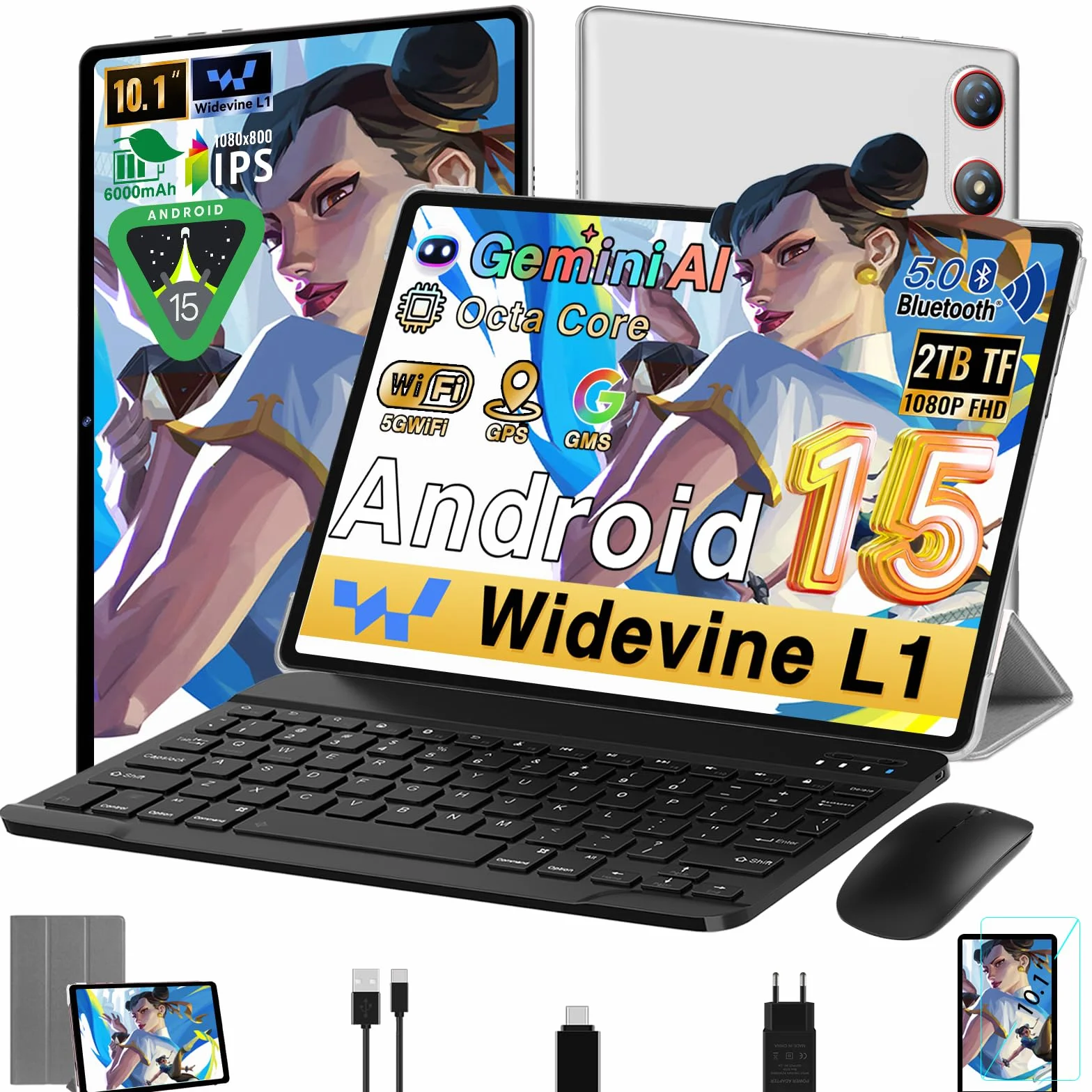 Gemini AI Tablet 10 Pollici Android 15, 64GB ROM + 2TB TF, Octa-Core 2.0GHz, 1280x800 FHD IPS, 5G WiFi, Widevine L1, 5MP+8MP, Bluetooth 5.0, 2026 Tablet con Tastiera, Mouse, Custodia Argento