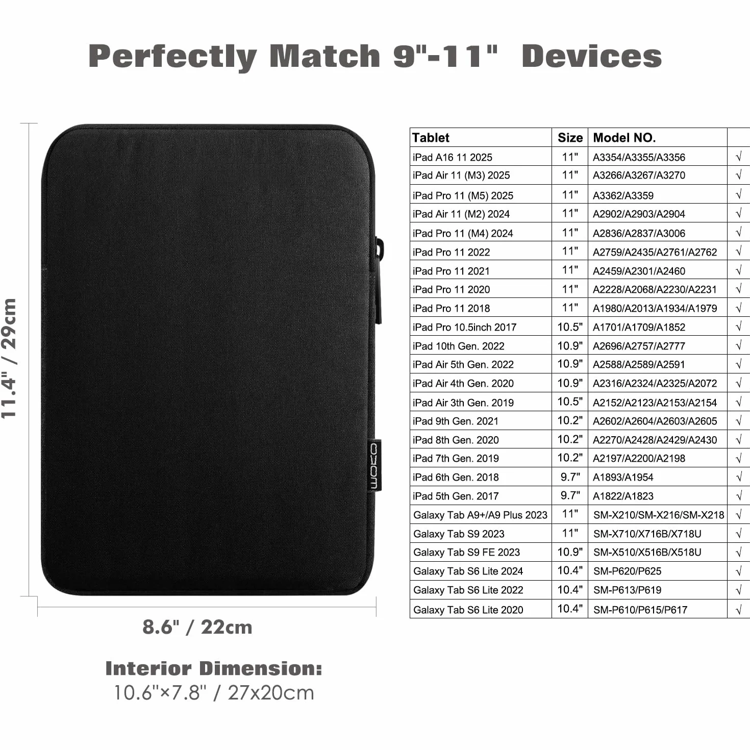 MoKo 9-11 Pollici Tablet Sleeve Borsa Custodia di trasporto per New 11" iPad Air M3, iPad A16 2025, iPad Pro 11 M4, Air 5/4/3, iPad 10/9/8th Gen, Tab S8/S9 11", Nero