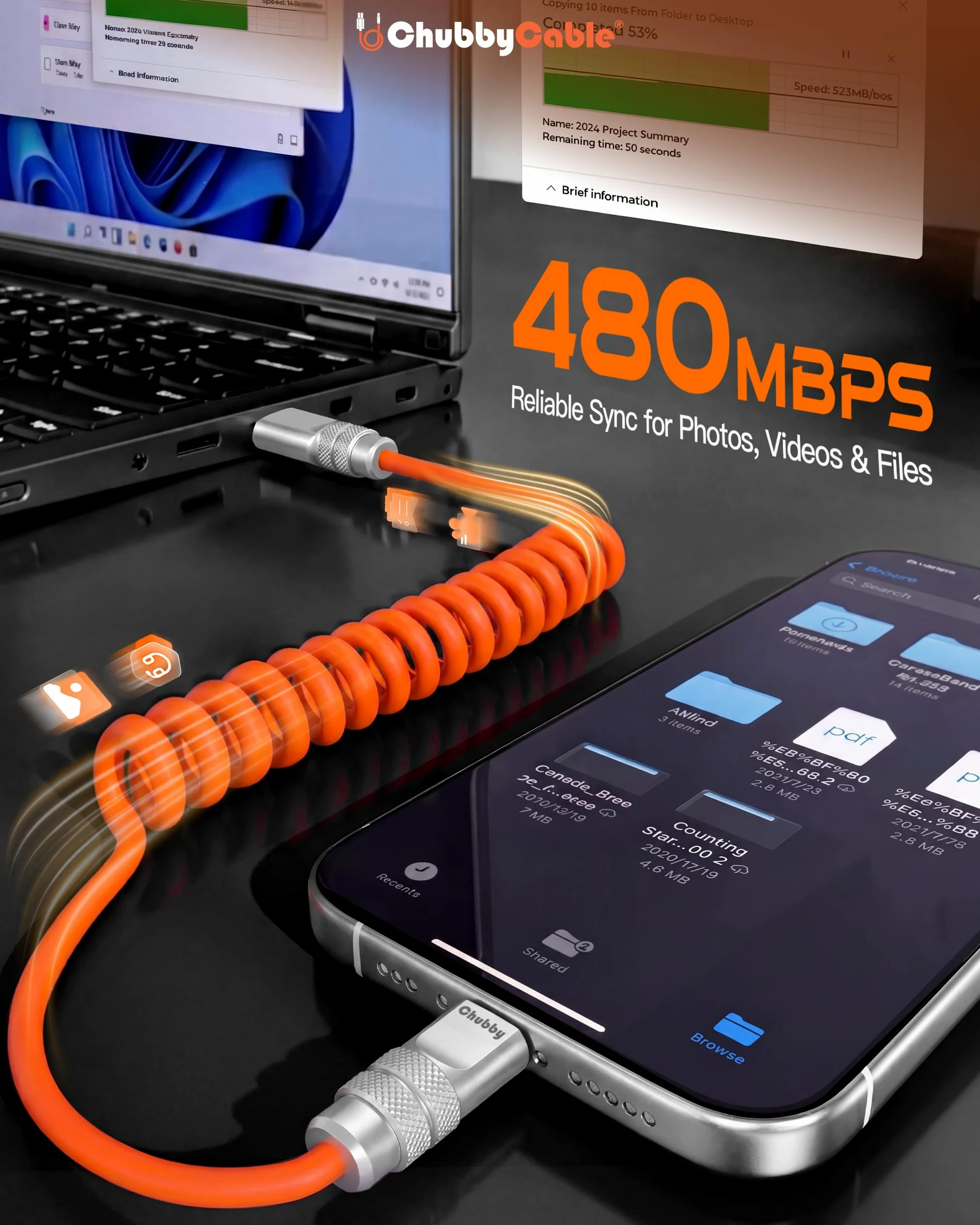 chubbycable Curly Chubby - Cavo USB C a spirale in silicone da 240 W, confezione da 2 [240H Sag-Free] Cavo di ricarica rapida a spirale per auto, cavo di ricarica retrattile per Android Auto e CarPlay