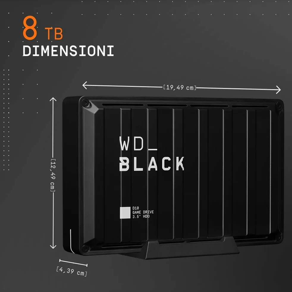 WD_BLACK 8TB D10 Game Drive Hard Disk Esterno, USB 3.2 Gen 1, 7200 RPM, fino a 250 MB/s, HDD esterno, Compatibile con Playstation, Xbox, PC e Mac, Tecnologia di raffreddamento attivo