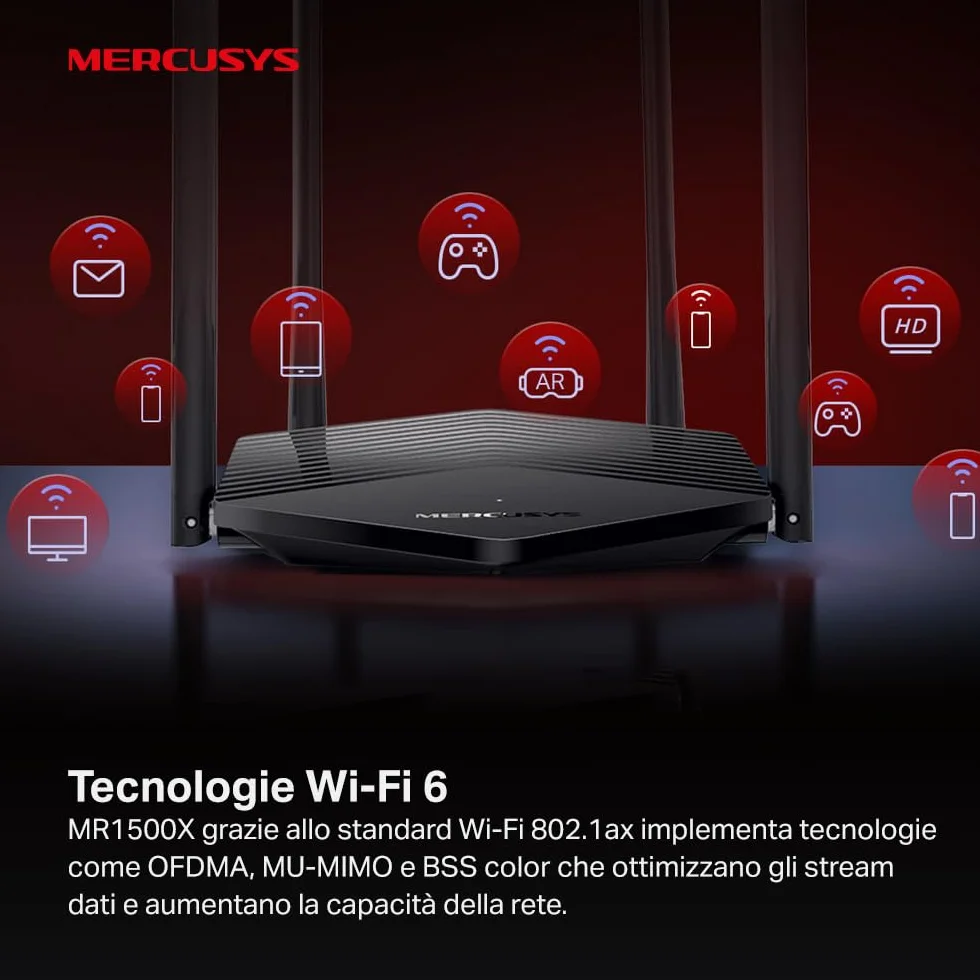 Mercusys TP-Link MR1500X AX1500 Router WiFi 6 Dual-Band, Porta Gigabit, 4 Antenne Ad Alto Guadagno, Parental Control, Rete Ospiti, OFDMA, MU-MIMO, VPN,non supporta xDSL