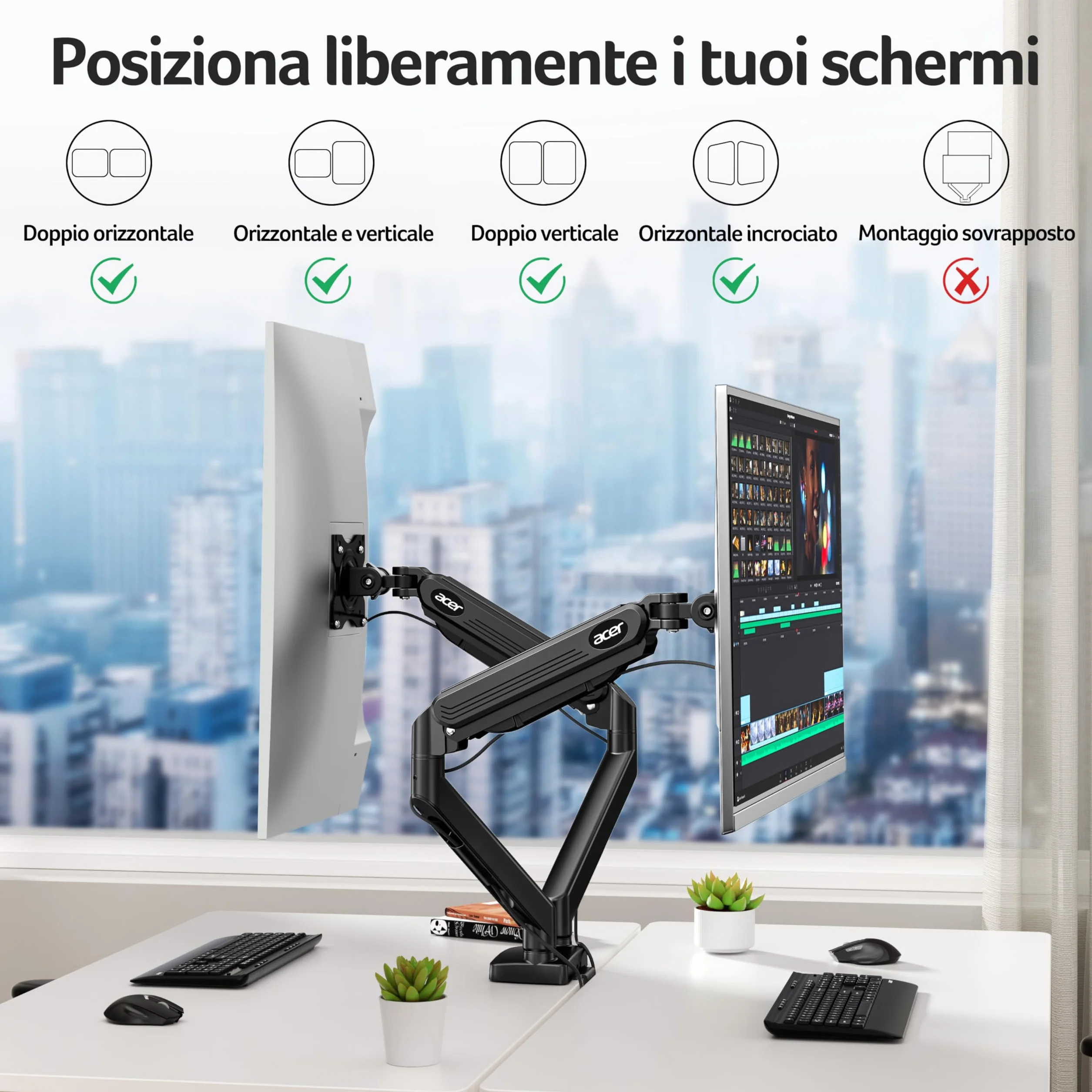 acer Braccio Monitor Doppio Supporto Schermi 17-32 Pollici, Supporto Monitor Scrivania con Molla a Gas, Regolabile in Altezza, Capacità di Carico 2-9 kg, VESA 75x75/100x100