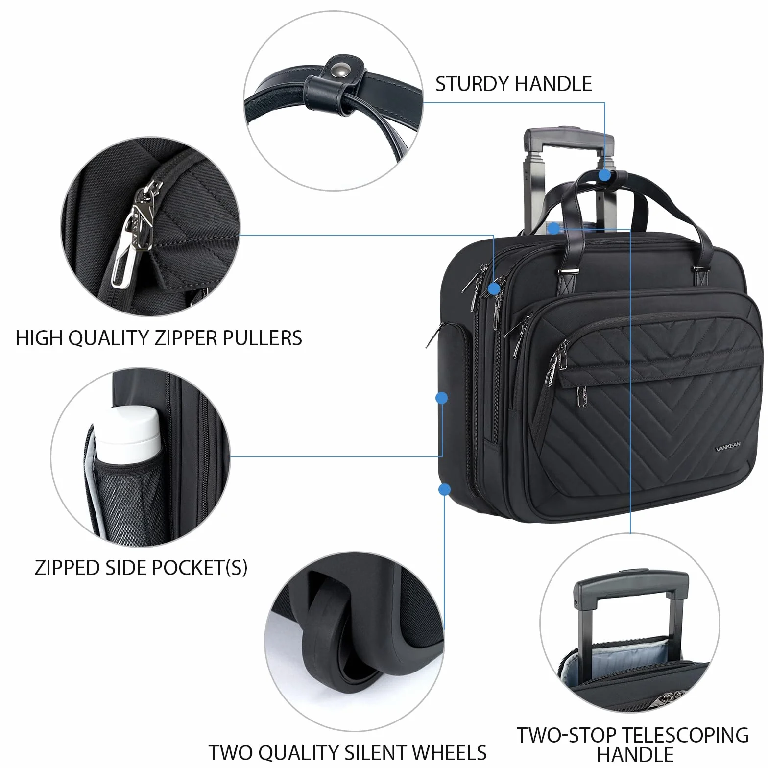 VANKEAN - Valigia porta laptop con ruote per donne, borsa da 39,6 cm con ruote per donne, borsa per computer impermeabile da viaggio/lavoro con tasche RFID, nera
