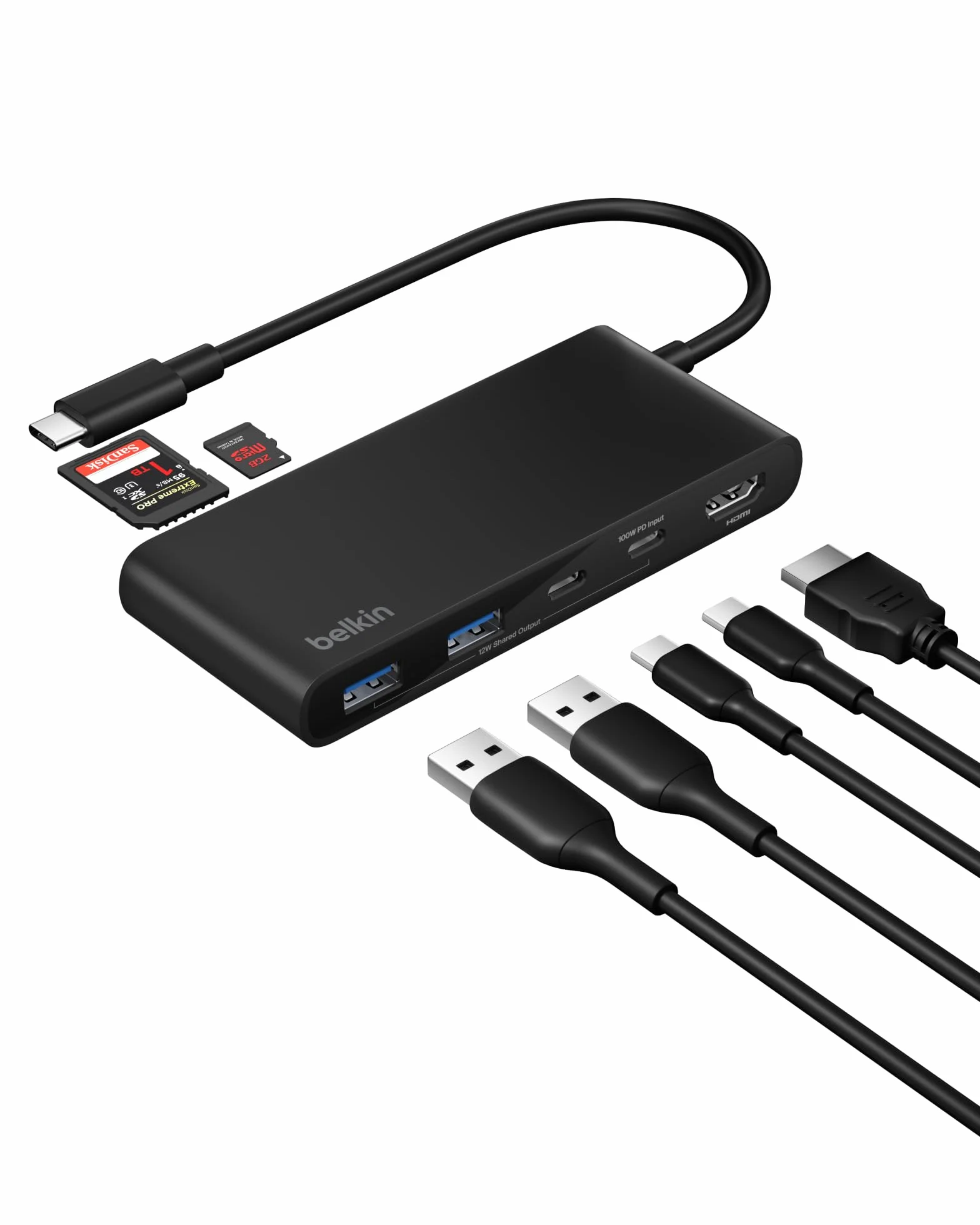 Belkin Hub USB-C a 7 Porte con HDMI 2.0 4K a 60Hz, Lettore di Schede SD e MicroSD, PD 100W, Trasferimenti Dati Rapidi Fino a 5Gbps, Adattatore USBC Multiporta per MacBook, iPad Pro, Chromebook - Nero