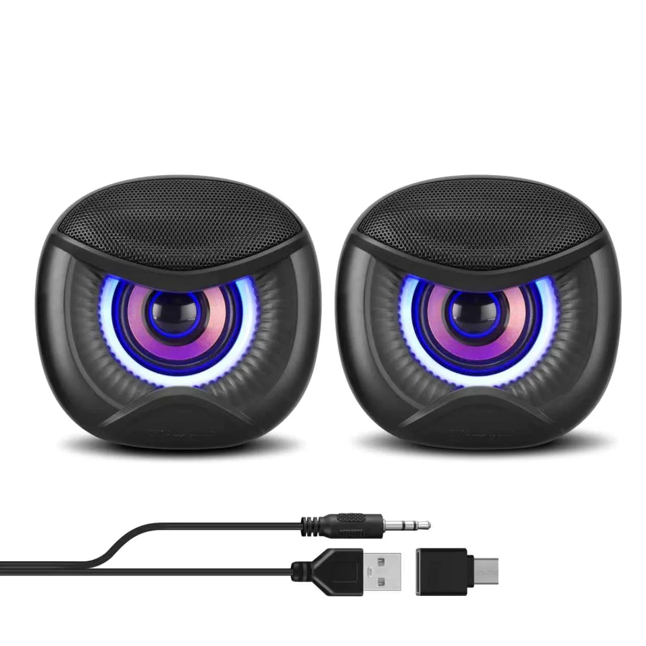Elimavi Mini altoparlanti per computer alimentati tramite USB con illuminazione RGB blu 2.0, jack per cuffie stereo Plug and Play, compatibili con desktop, laptop (adattatore USB-C incluso)