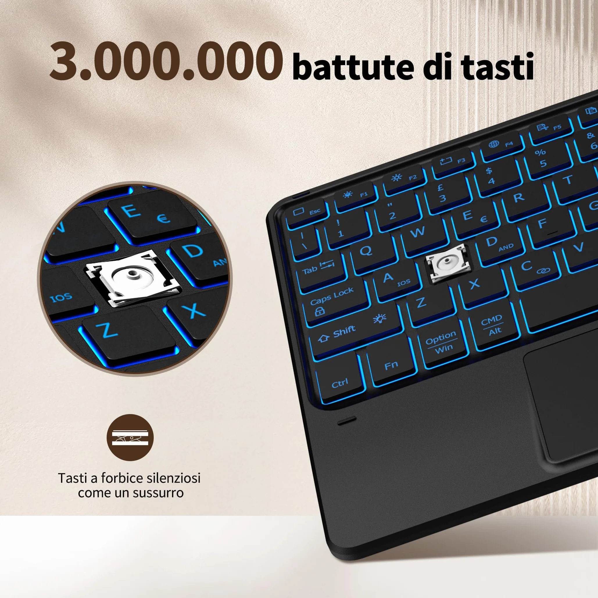 CACOE Tastiera Bluetooth Senza Fili Ultra Sottile con Multi Touch Integrato Touch Pad con Android IOS e Windows, 7 Colori Retroilluminate, Tastiera Senza Fili, Layout Italiano, Nera