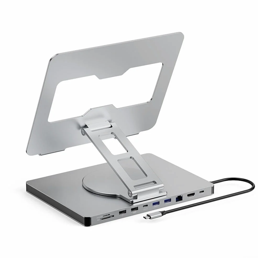Docking station per laptop 4K a 60Hz Type-C, Gigabit Ethernet e hub USB 3.0, pieghevole e girevole in lega di alluminio per scrivania da ufficio e casa, argento