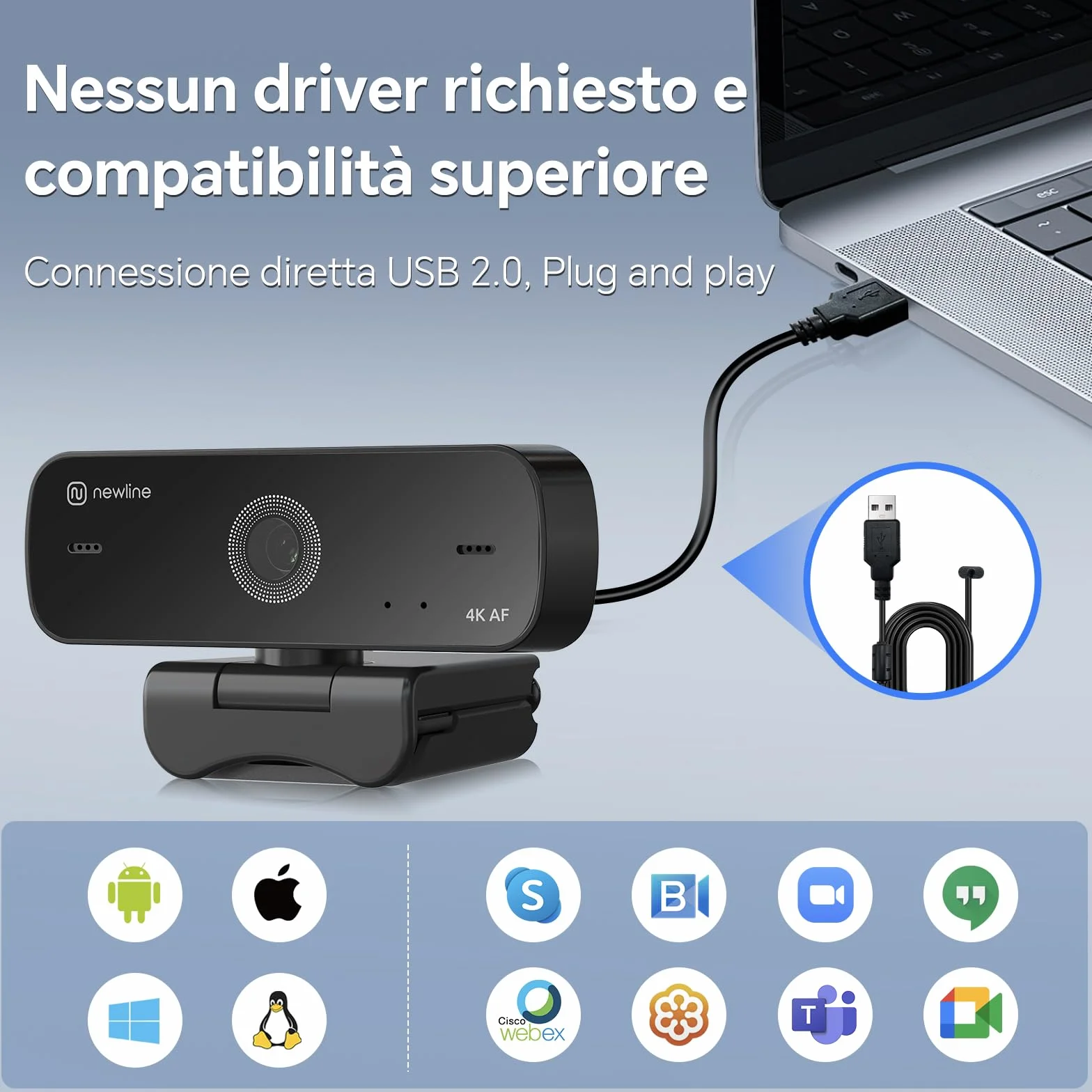 Webcam 4k 30FPS PC Camera con 2 Microfoni con Sensore Sony, Aggiornato Autofocus, Correzione della Luce, USB Full HD Webcam per Mac Laptop Skype Streaming Home Office Gaming