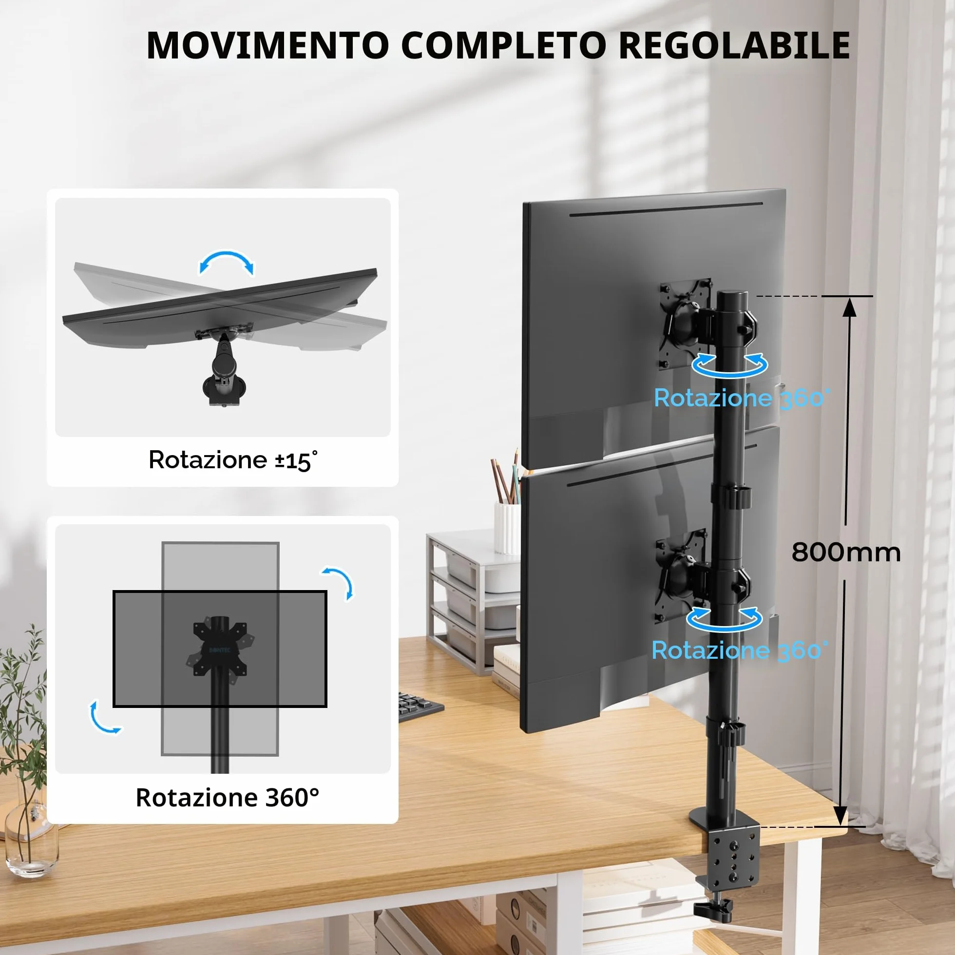 BONTEC Supporto Doppio Schermo Verticale, Braccio Doppio 13-34 Pollici Fino a 10 kg, Regolabile, Gestione Cavi, Supporto da Scrivania Robusto, Compatibile VESA 75x75 e 100x100, Supporto PC Ergonomico