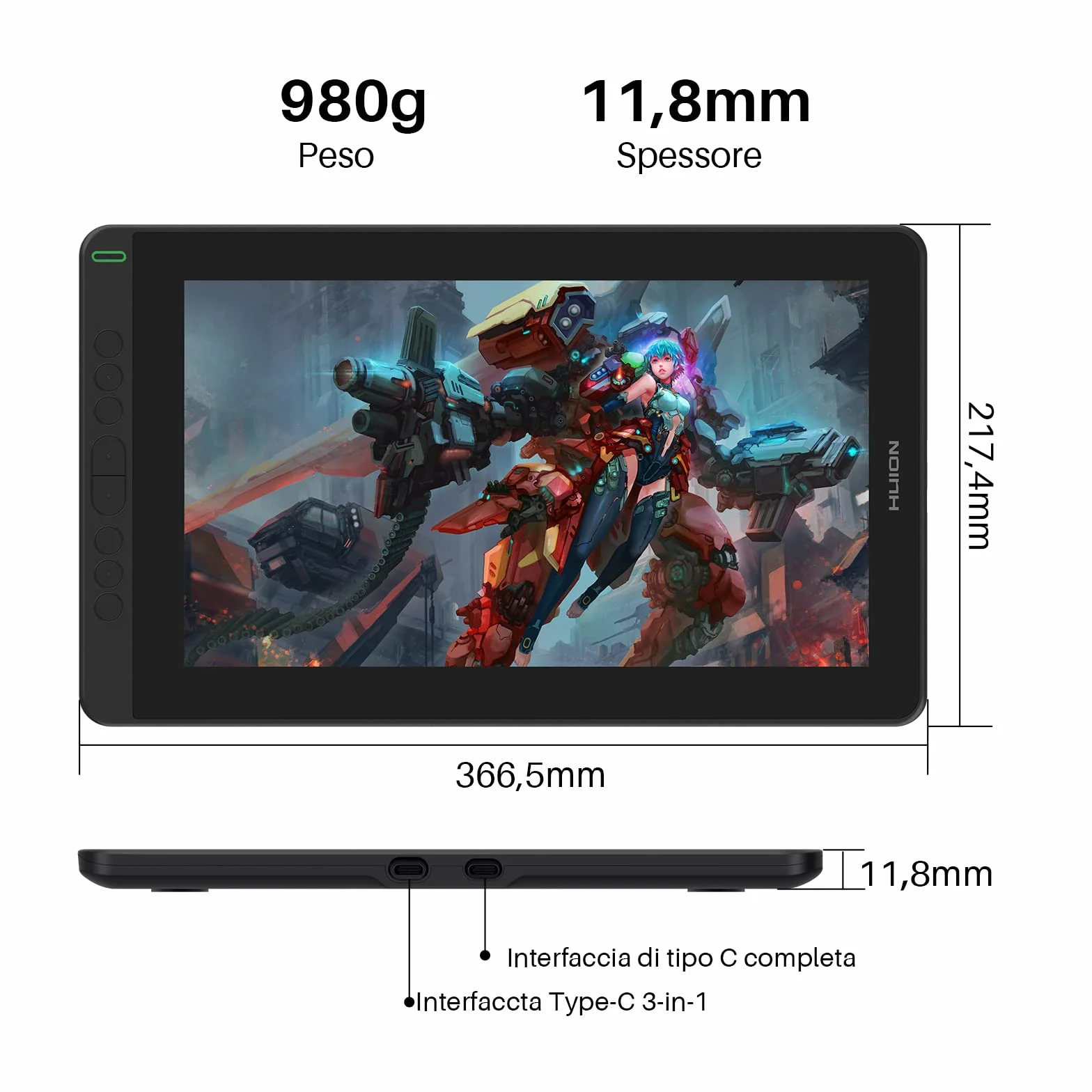 HUION Kamvas 13 Tavoletta Grafica con Schermo Compatibile con Android, Funzione di Inclinazione di ±60° Stilo Senza Batteria, 8 Tasti di Scelta Rapida, Supporto Regolabile - 13,3 Pollici (Nero)