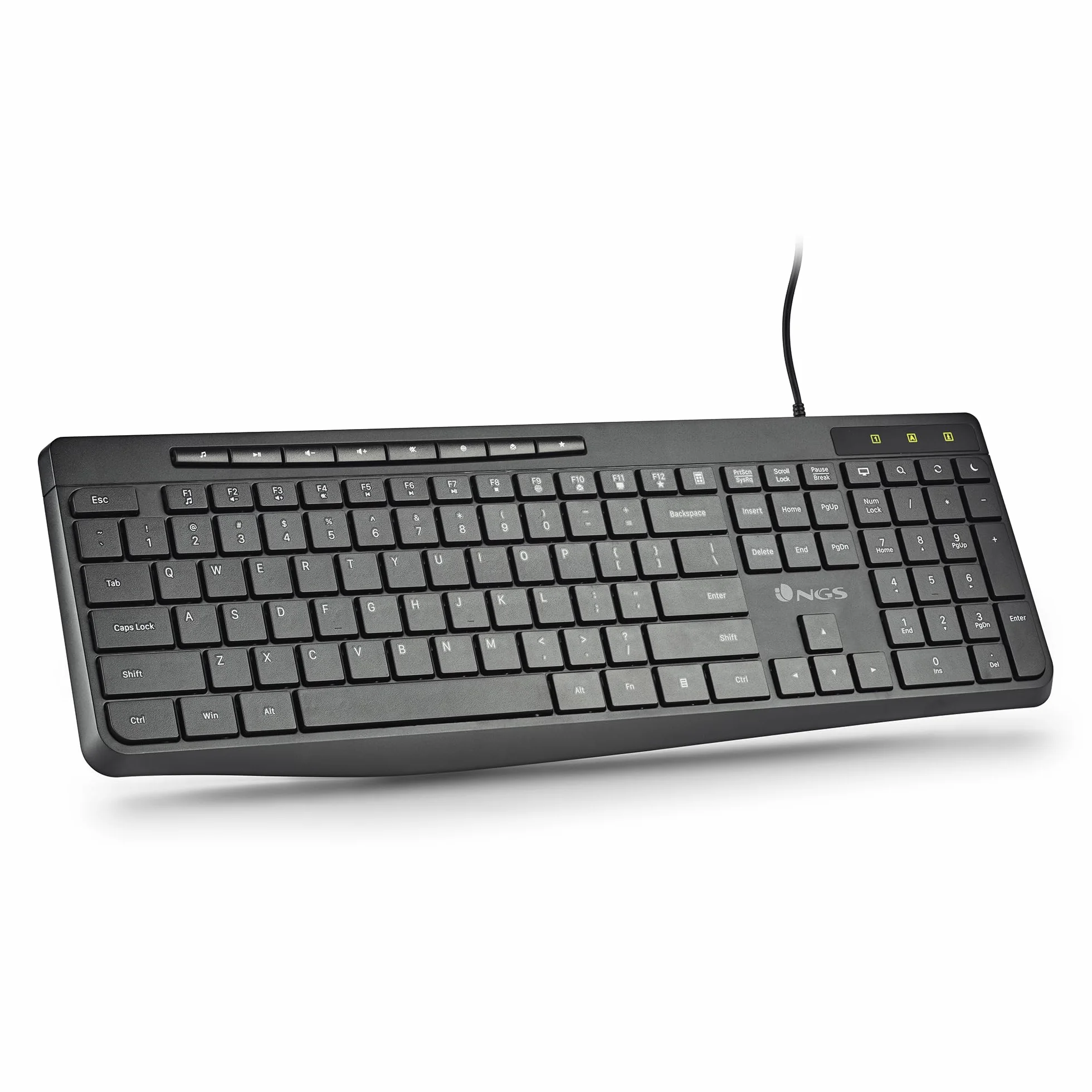 NGS Spectra French - Tastiera Multimediale Ultra Slim con Connessione USB-A, Tasti Silenziosi, 8 + 12 Tasti Multimediali, Resistente agli Schizzi, Fino a 10 Milioni di Battute, Design Ergonomico