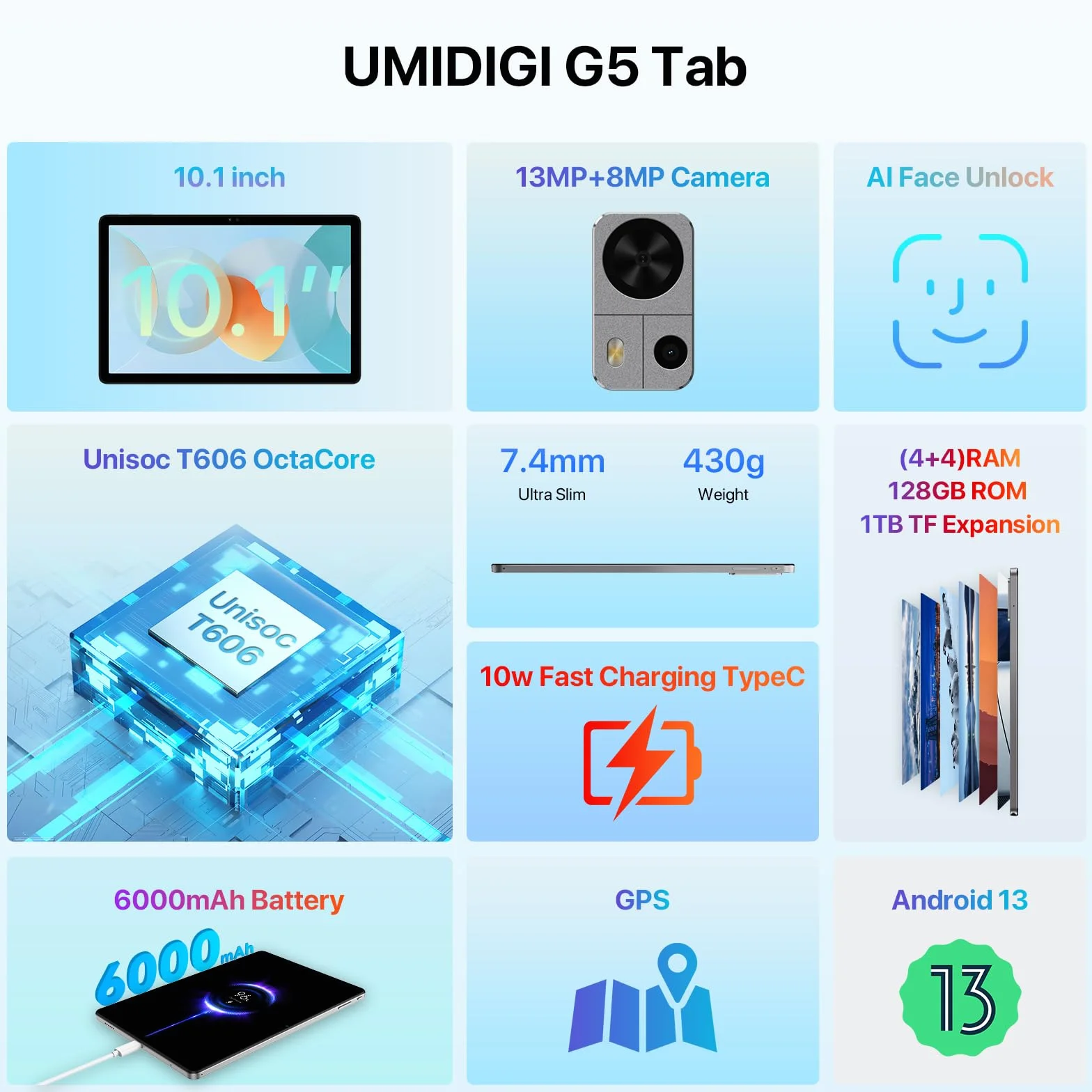 UMIDIGI Tablet 10.1 Pollici 8GB+128GB Android G5 Tab Octa-Core 13MP+8MP 6000mAh 4G LTE