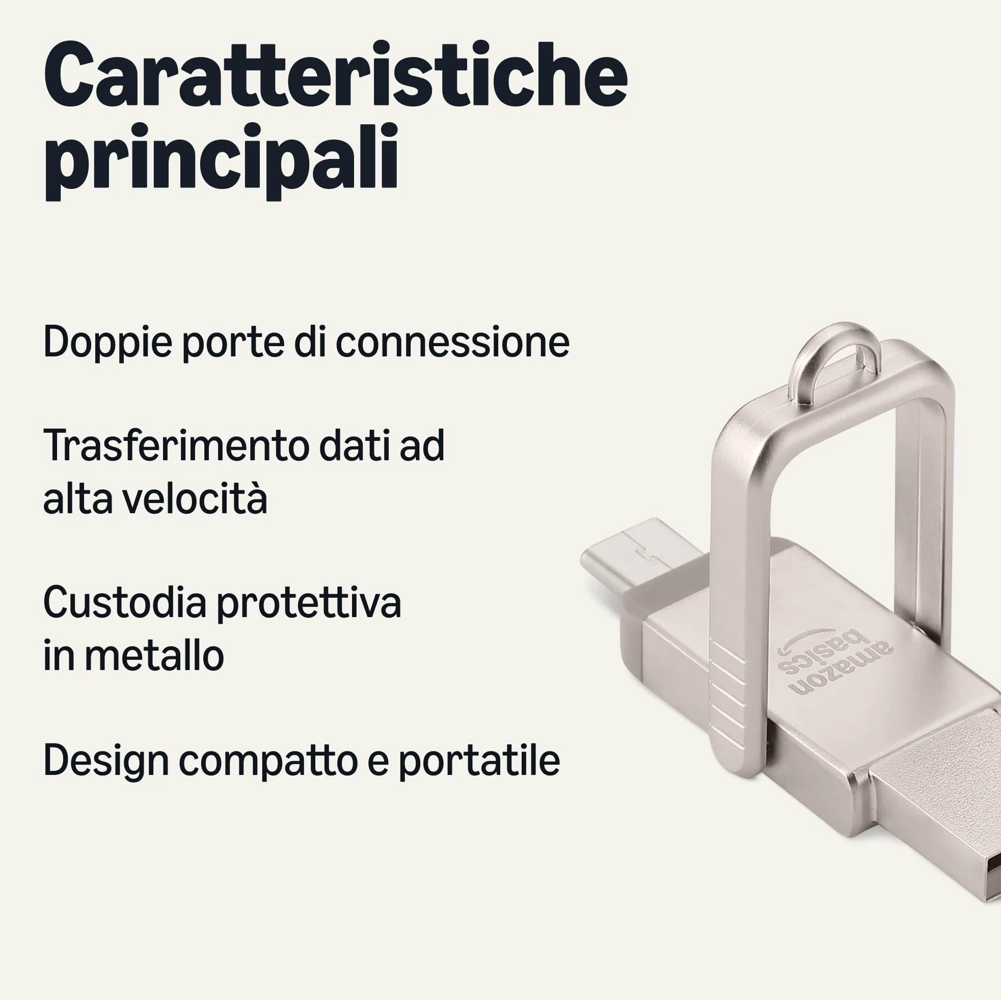Amazon Basics Unità Flash USB, Chiavetta con Doppia Porta USB C e USB A, 128 GB, Colore Argento Champagne