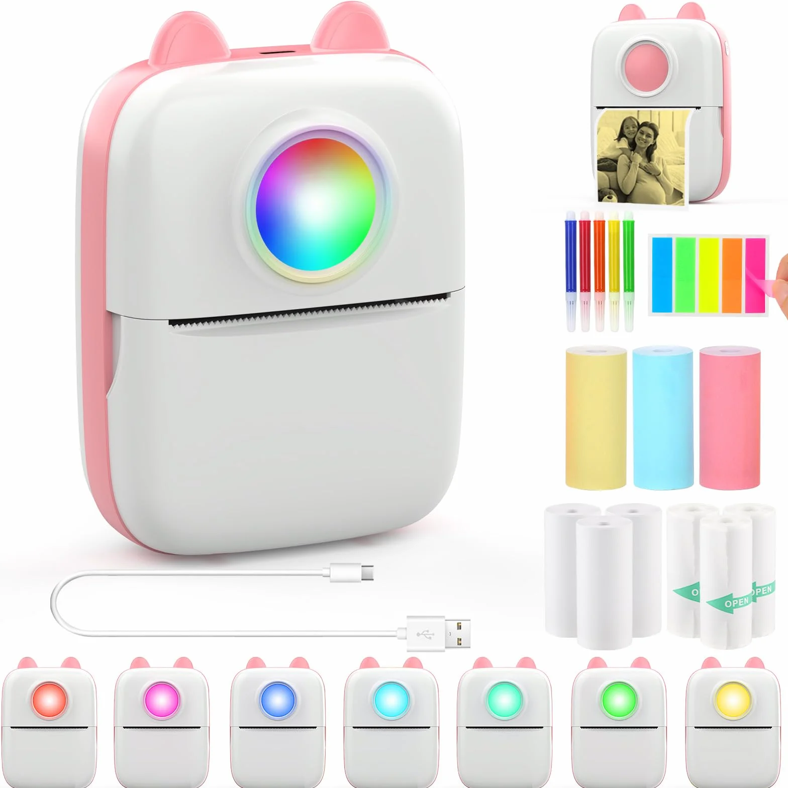 Mini Stampante Fotografica,Stampante Termica,immagine per foto, stampa di ricevute,stampante fotografica,con 10 rotoli di carta 1 adesivo per smartphone, per Fotografica Note Elenco Memo (Pink A)