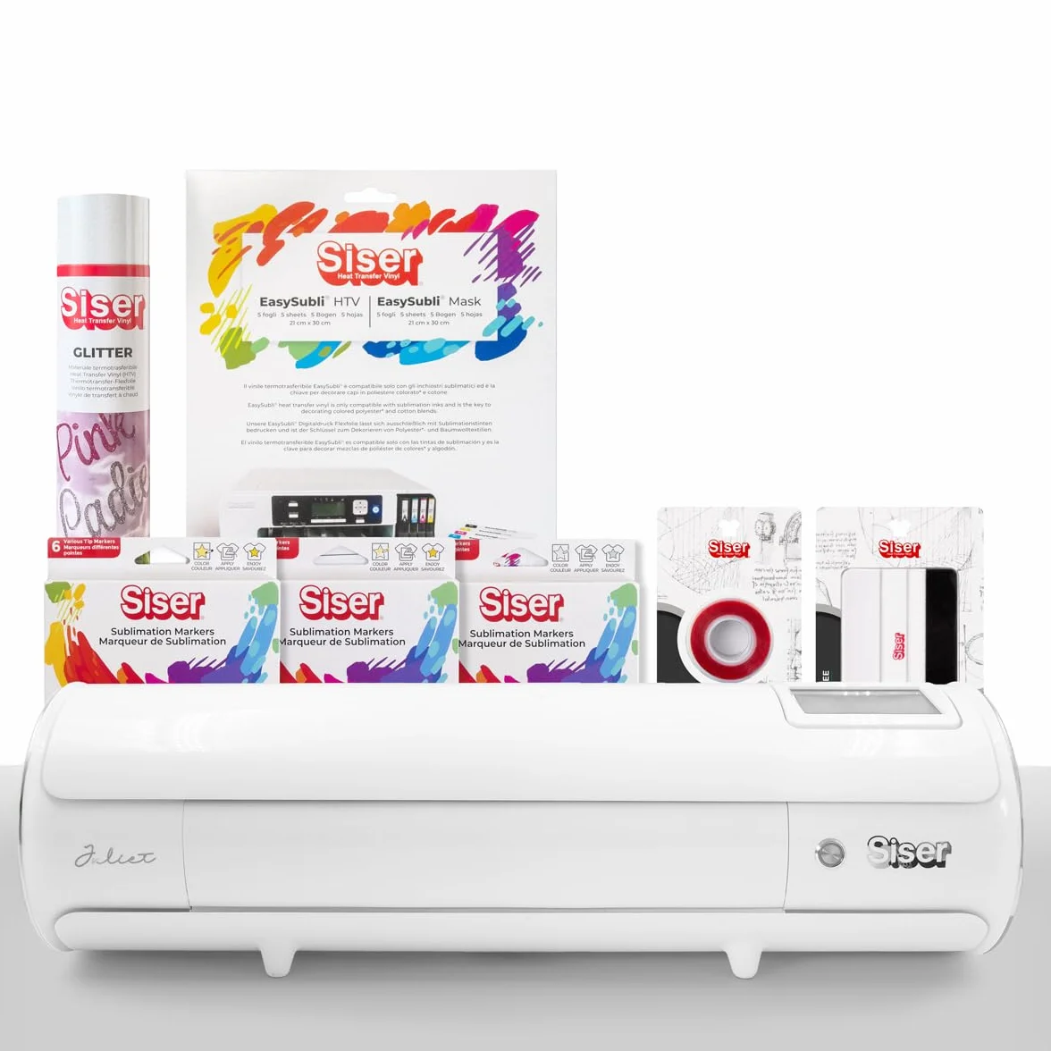 Siser Juliet® Pacchetto Subli – Plotter da Taglio Professionale, Termovinile EasySubli®, Pennarelli Sublimatici, Vinile Glitter, Nastro Termico, Accessori Inclusi