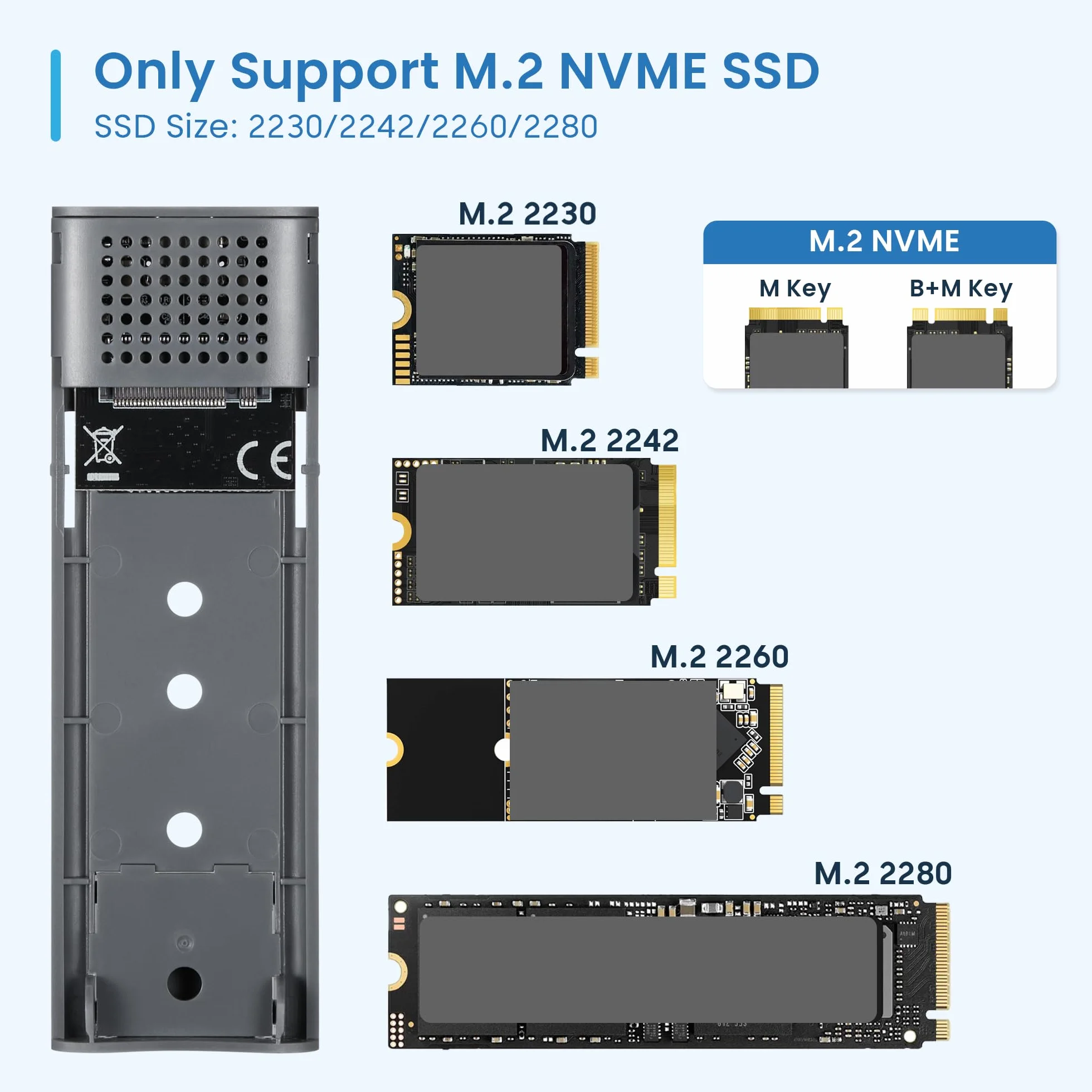 Ewent Box Esterno USB 3.2 Gen2 per SSD M.2 NVMe PCIe – Custodia Case Hard Disk in Alluminio, supporta Key M 2230-2280, velocità fino a 10 Gbps, senza viti, compatibile USB-C / A, UASP & TRIM