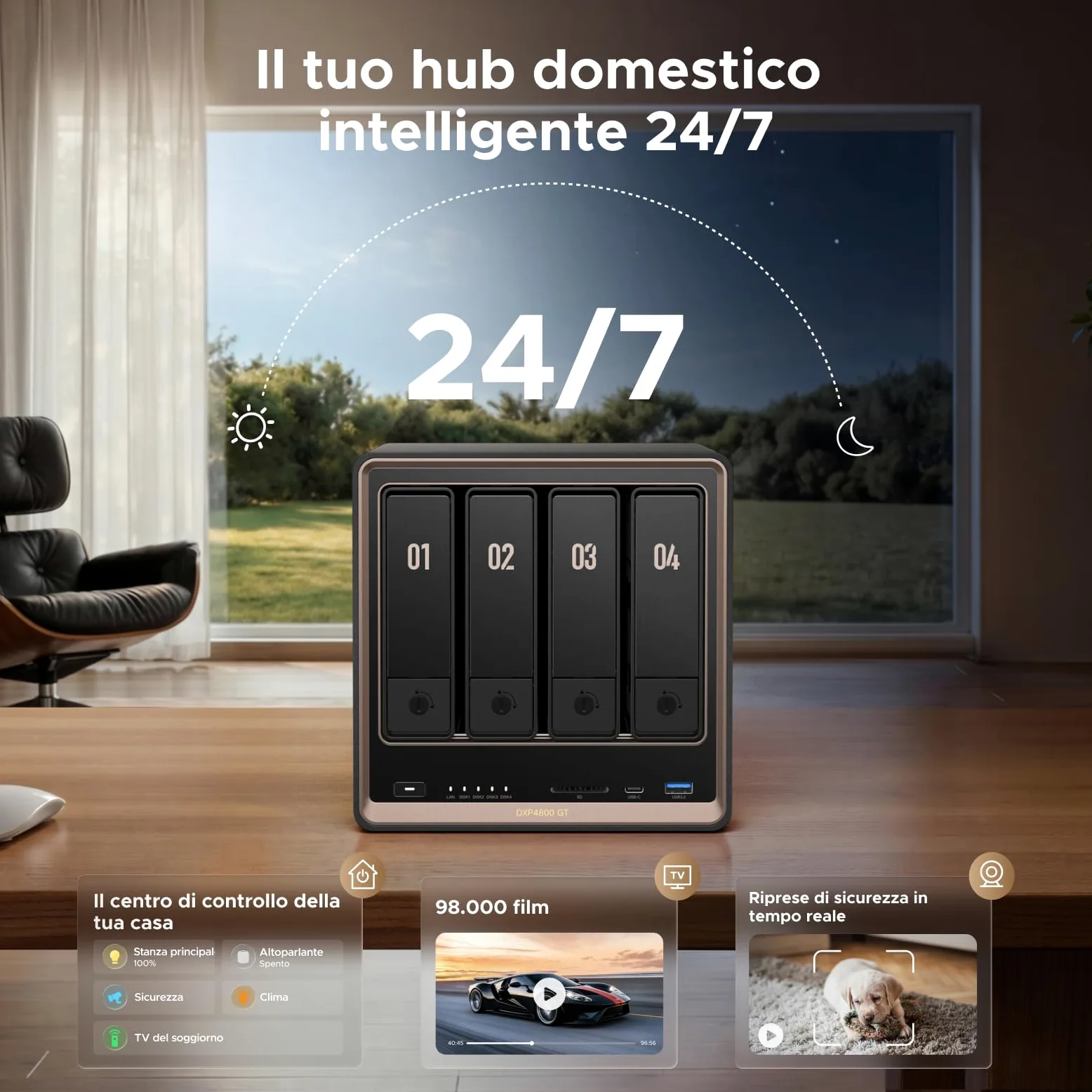 UGREEN NASync DXP4800 GT NAS 4 vani per creator e uffici (senza HDD) | AMD Ryzen R2514, doppia 10GbE, 8GB DDR4 fino a 64GB, HDMI 4K, 2×M.2 NVMe, ECC, slot U.2 e M.2