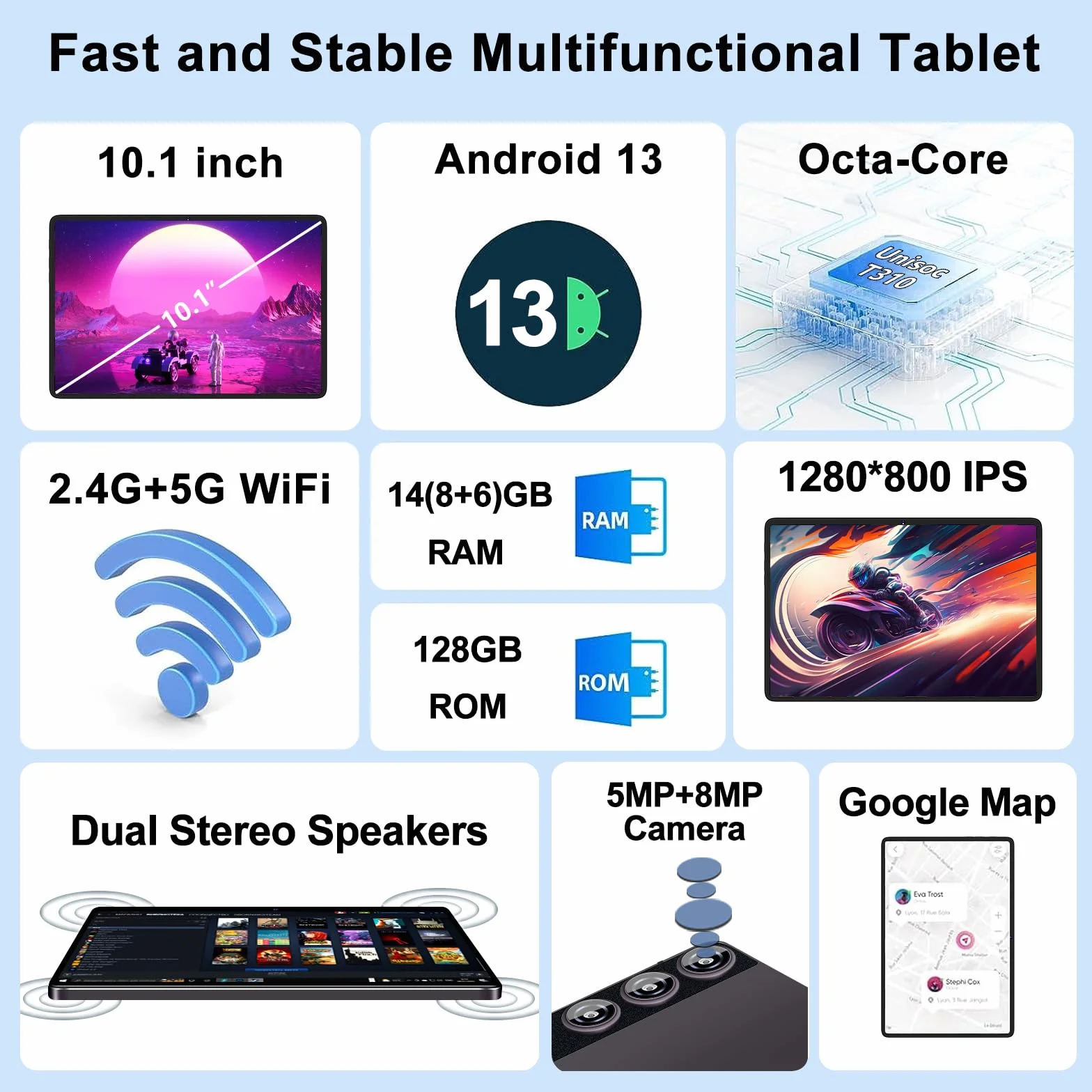ZIOVO Tablet 10 Pollici Android 13 Tablets,14GB RAM + 128GB ROM(1TB TF),Octa-Core 2.0 GHz,5G WiFi/8000 mAh/8+5MP/BT 5.0/Widgets/Corpo in Metallo,Tablet con Custodia Protettiva - Grigio