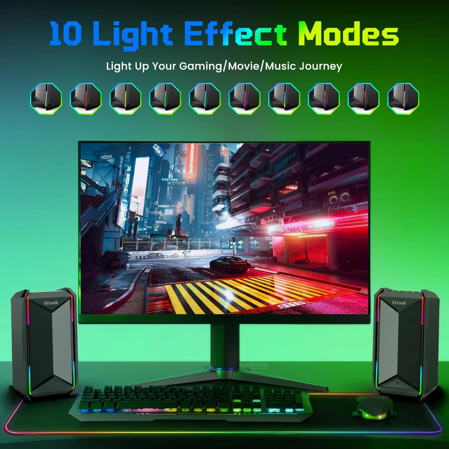 LITTOAK Altoparlanti per computer per musica e giochi, altoparlanti alimentati con adattatore CC per PC desktop o laptop, altoparlante desktop Bluetooth 5.3, 10 modalità RGB, ingresso AUX da 3,5 mm