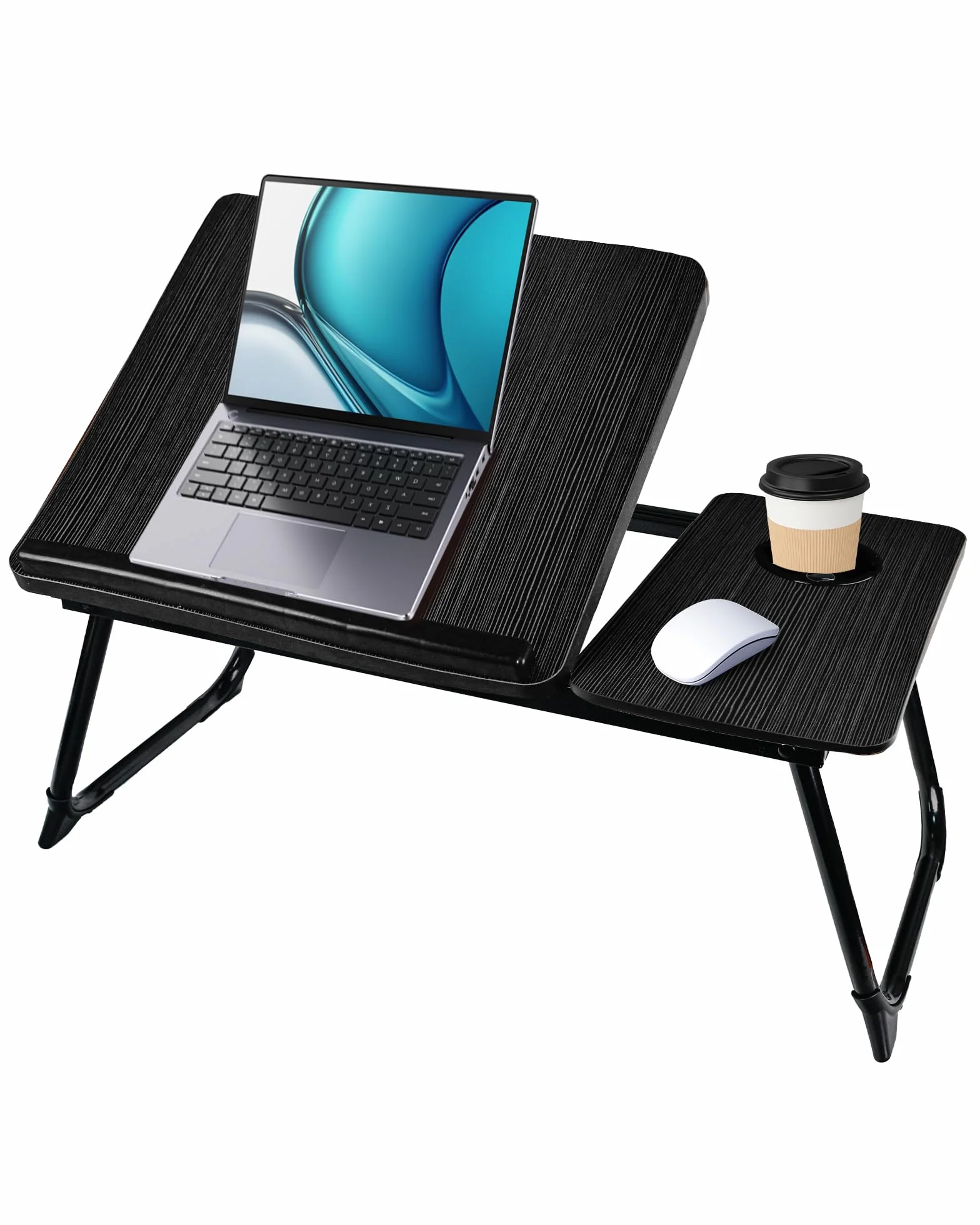 Tavolo Pieghevole da Letto 55.5x32x25cm Vassoio Portata con Leggio Portabicchieri 5 Posizioni Inclinazione Supporto PC 15.6" 20kg Nero