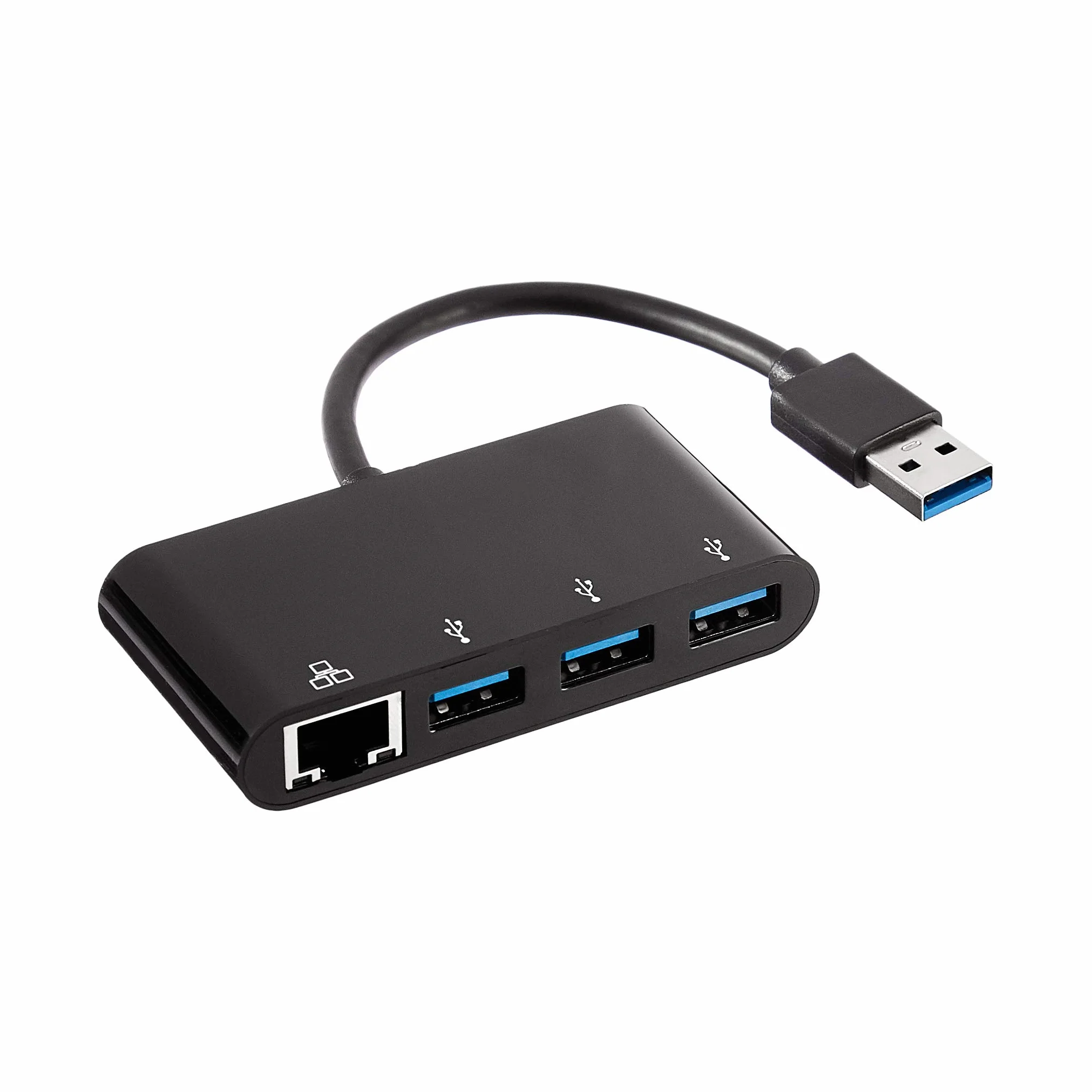 Amazon Basics Adattatore a 3 porte USB 3.0 con porta gigabit ethernet, 3 USB A + 1 RJ45, Nero