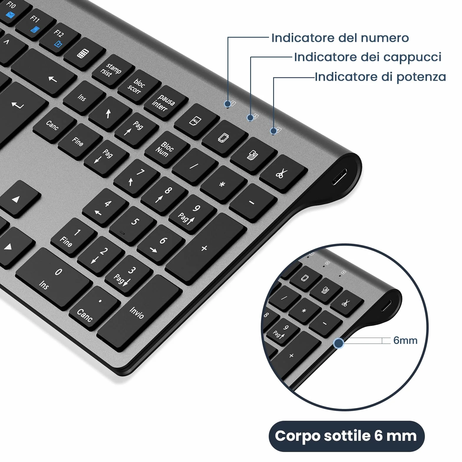 cimetech Tastiera wireless ricaricabile - Layout italiano QWERTY, digitate con facilità e raddoppiate la vostra efficienza - Tecnologia della tastiera per laptop di alta gamma （grigio）