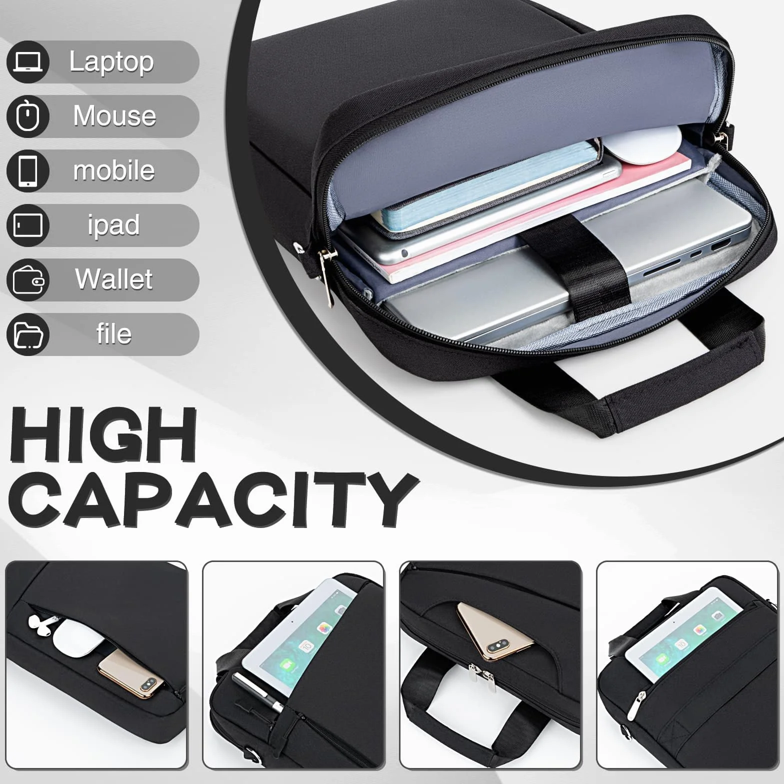 Borsa Porta PC Laptop Portatile per Tablet Custodia14 Pollici MacBook Pro M4 M3 M2 M1(2024-2021)/13,6 Pollici MacBook air M4 M3 M2, borsa Porta Notebook Computer Tracolla, Nero