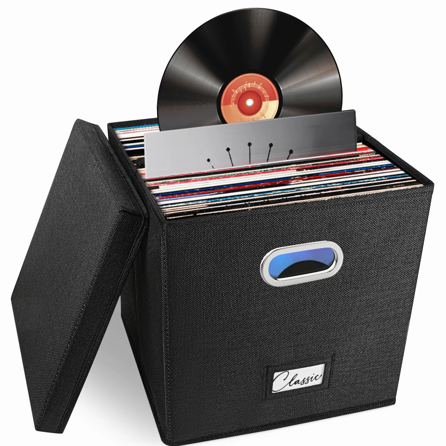 Woodoulogy Scatola nera in lino per LP in vinile, impilabile con coperchio e maniglia – Capacità 50+ dischi, organizer per album e documenti