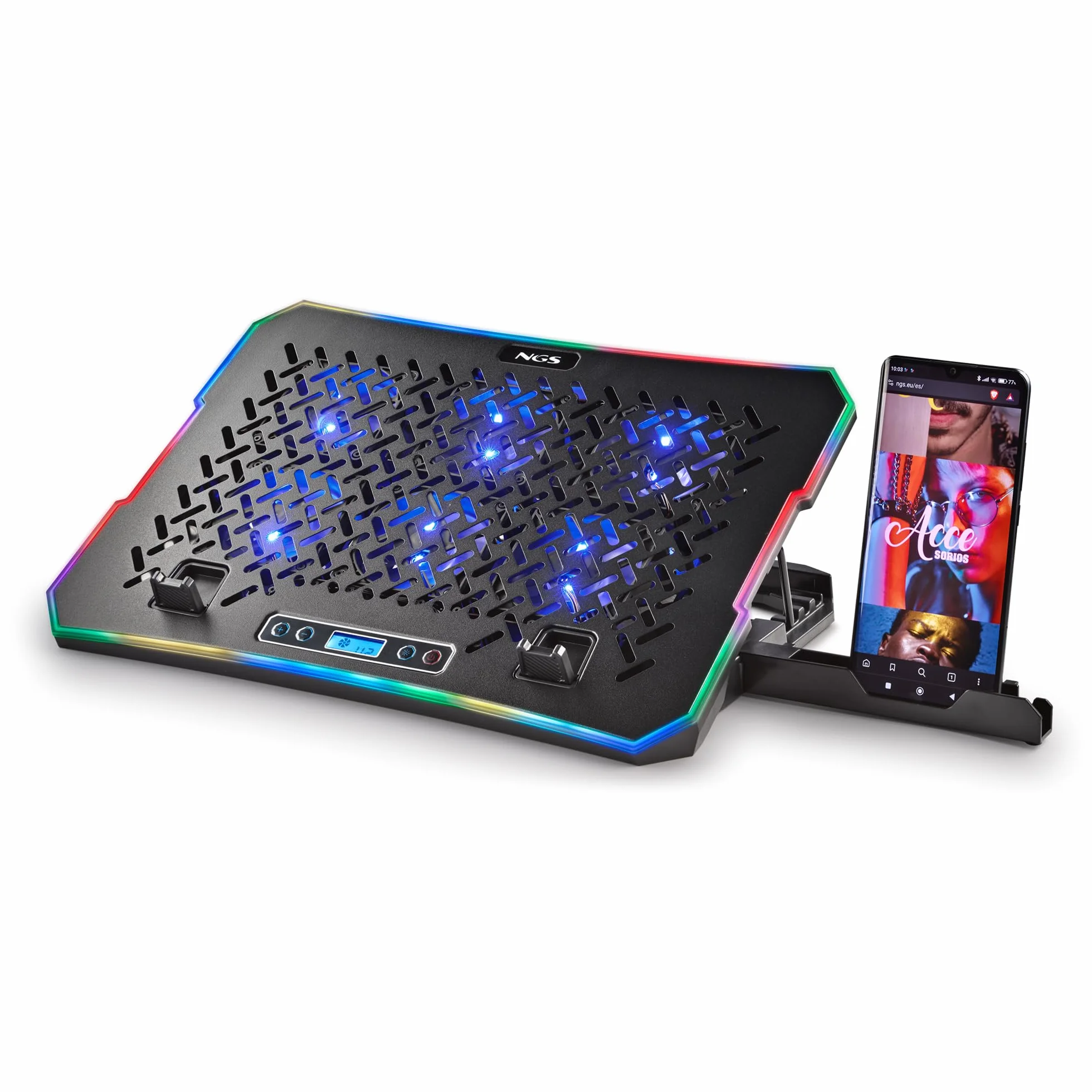 NGS Hero Stand - Base di raffreddamento per laptop, 6 ventole silenziose, RGB, LCD, regolabile, USB, 2400 RPM