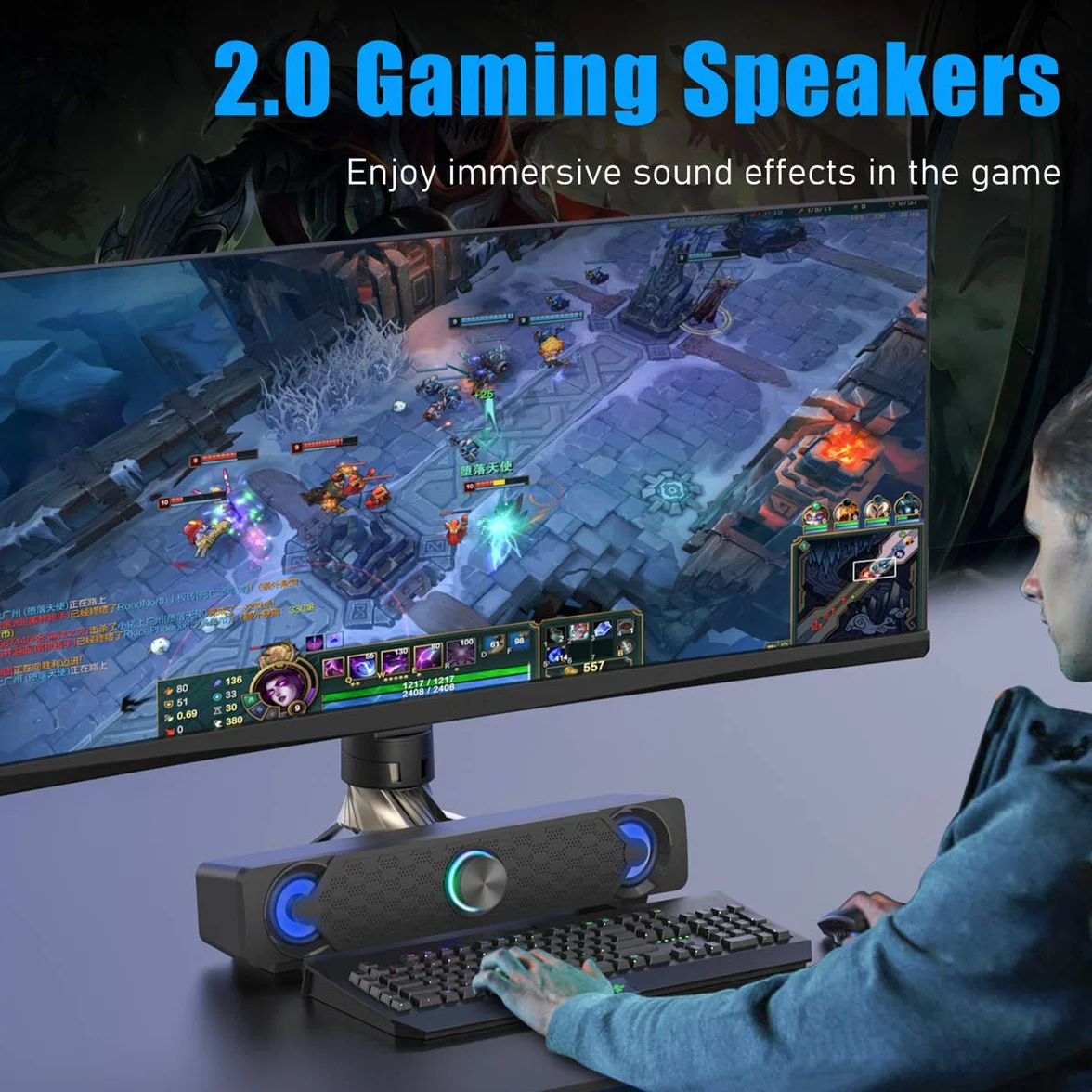 Smalody Altoparlanti PC, USB Soundbar, Altoparlante da Gioco Con Fantastiche Luci LED, Altoparlante Multimediale Perfetto per Giochi per PC, Computer, Desktop, Laptop