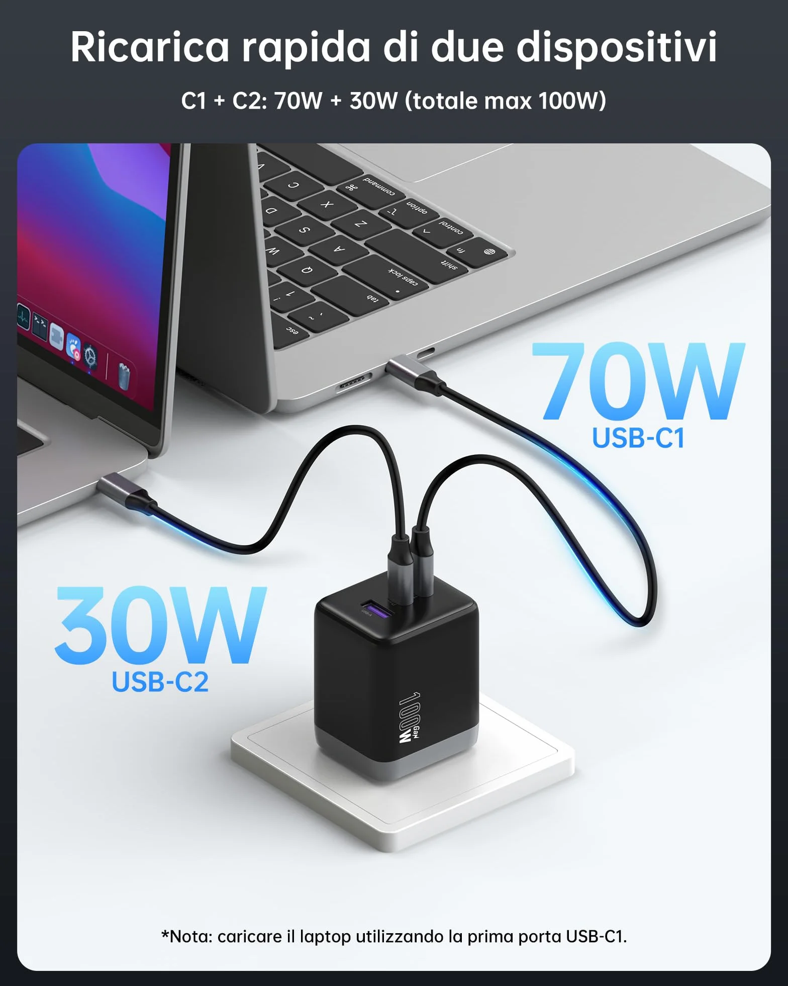 NOVOO Caricatore USB-C 100W GaN Ⅲ 3 Porte Veloce per MacBook Pro Dell XPS 13 iPad Pro iPhone 16/15/14/13/12 Galaxy S24 Ultra