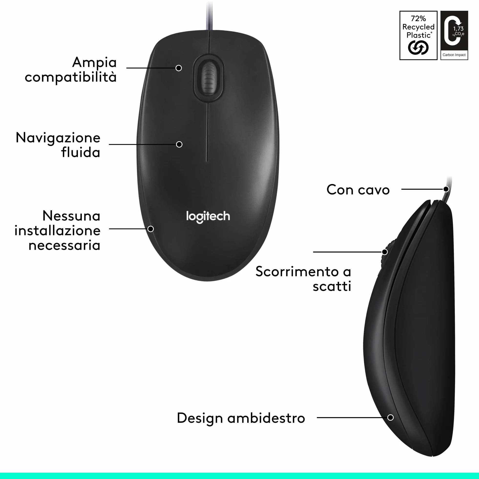 Logitech M100 Mouse USB con Cavo, 3 Pulsanti, Tracciamento Ottico 1000 DPI, Ambidestro, Compatibile con PC, Mac, Laptop, Nero