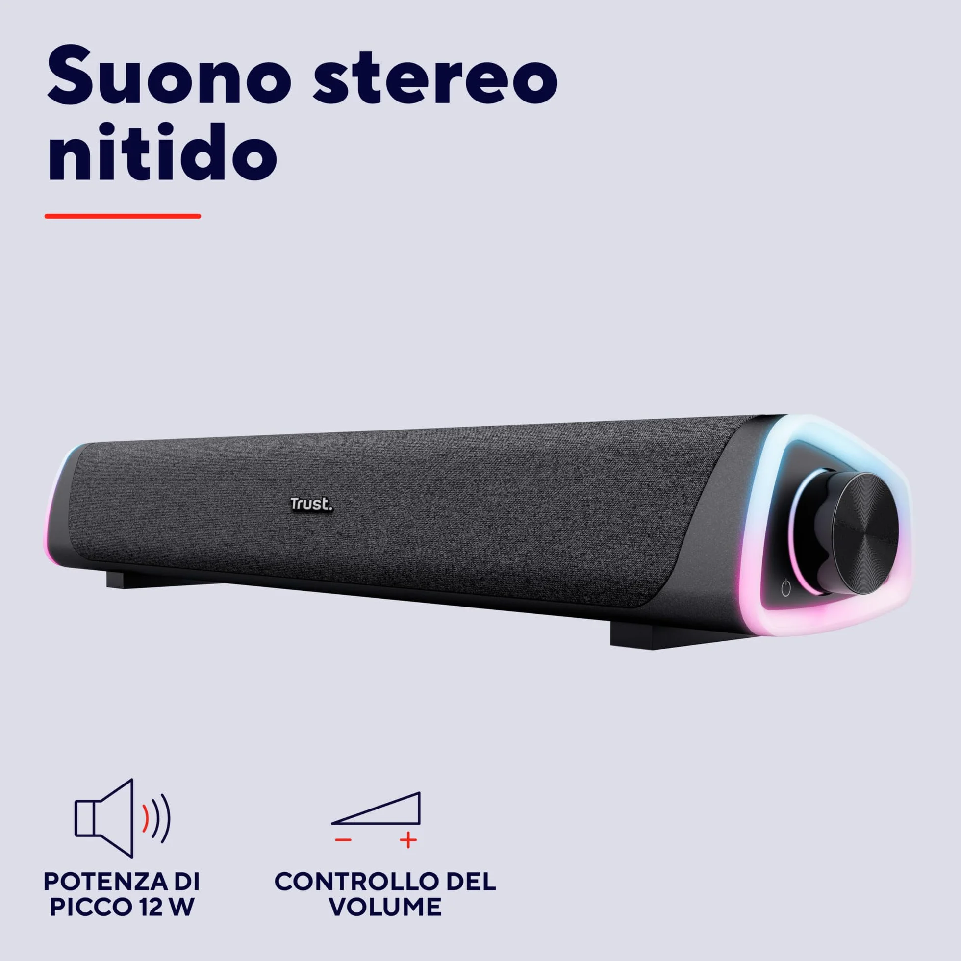 Trust Liro Soundbar PC 12W, Stereo Speaker con Illuminazione LED RGB, Sound Bar Jack AUX 3.5 mm, Casse PC con Alimentazione USB, Altoparlanti per PC Laptop Desktop Tablet Smartphone TV, Nero