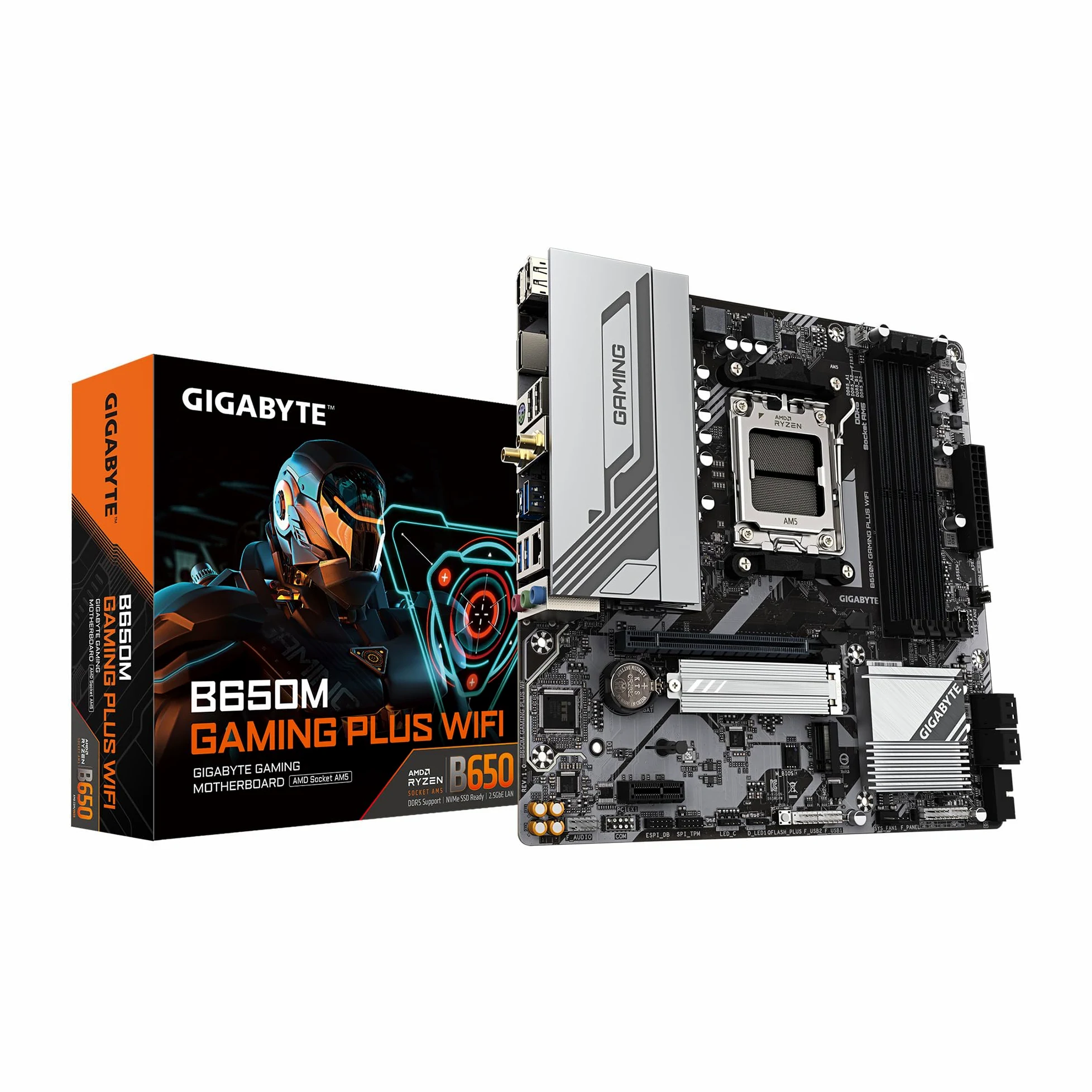 GIGABYTE Scheda madre B650M GAMING PLUS WIFI AMD AM5 mATX, supporta Ryzen serie 9000/8000/7000, DDR5, 5+2+2 Power Phase, 2x M.2, PCIe 4.0, USB-C 3.2 Gen 1, WIFI6E, 2.5GbE, EZ-Latch, Q-Flash, RGB