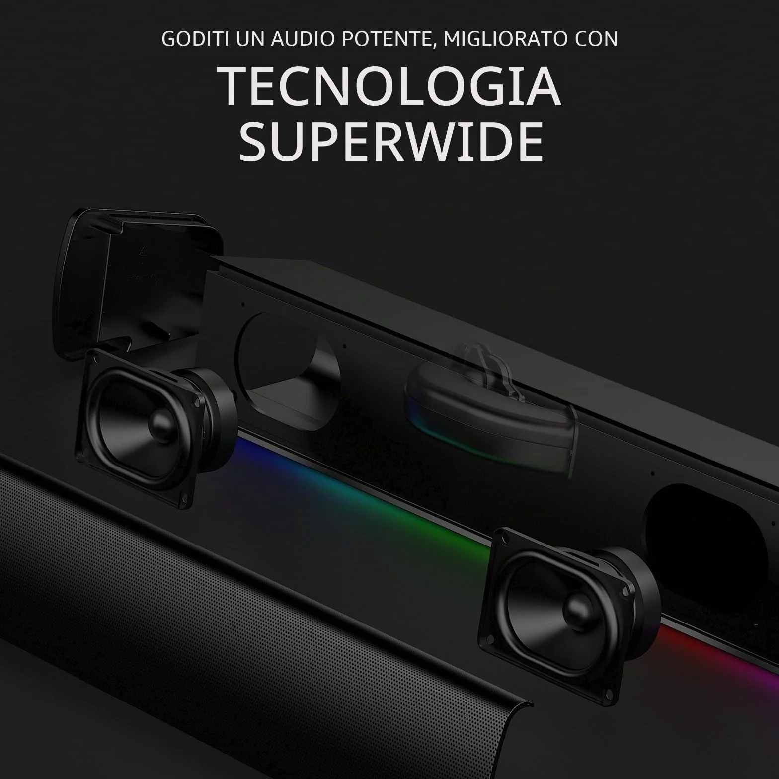 Soundbar compatta da gaming Sound Blaster GS3 con RGB e tecnologia SuperWide, alimentata tramite USB, Bluetooth 5.4, porta di uscita cuffie