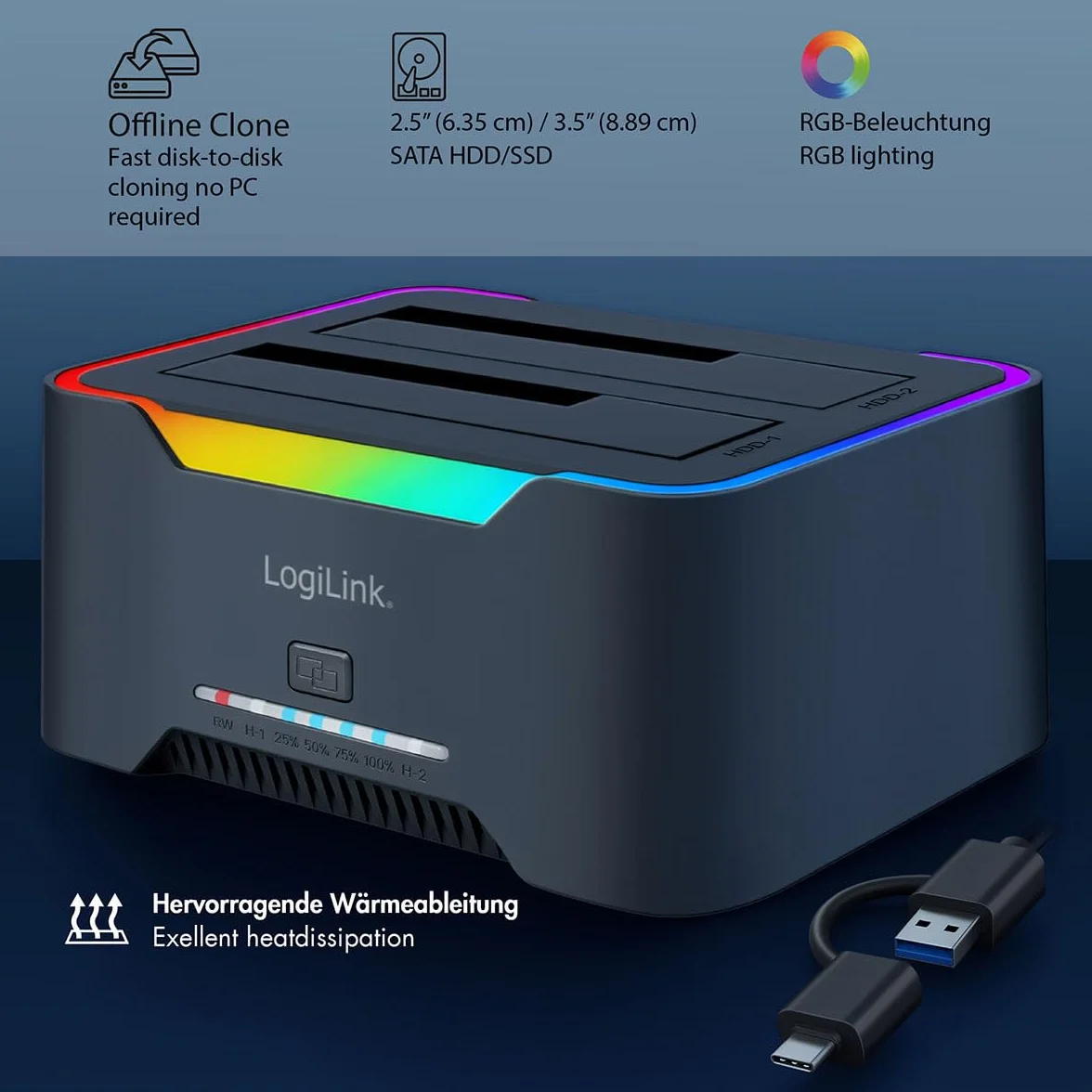 LogiLink Doppia docking station USB-C 3.2 Gen1 a 2 porte, per dischi rigidi da 2,5" e 3,5", SSD/HDD, con clone offline (senza clonare i dischi rigidi PC), 5 Gbps di trasferimento dati